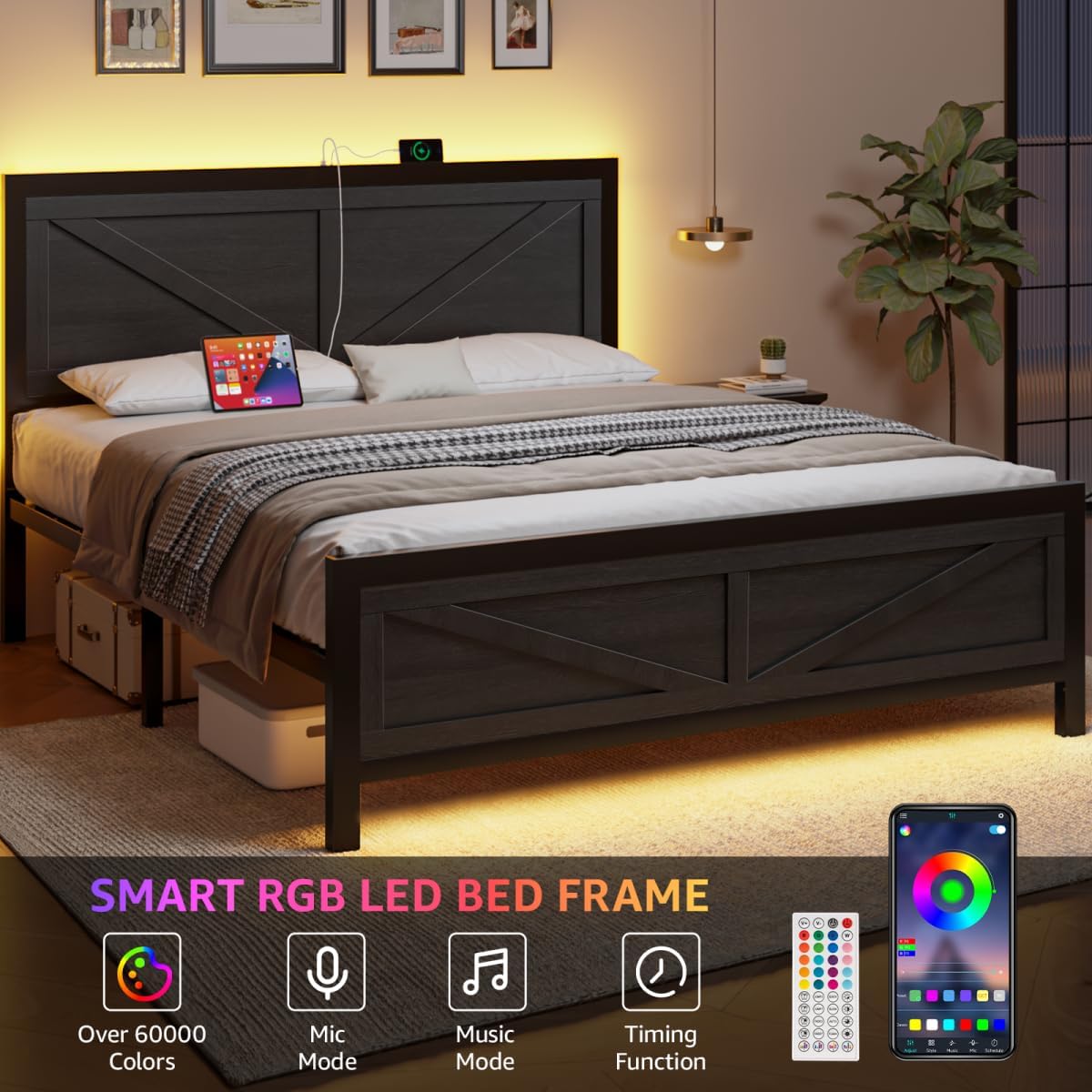 DOGIBIXO Led Bed Frame Queen Size with USB Charging Station, Industrial Platform Bed Frame with Farmhouse Barn Door Headboard, Strong Metal Slats Support, Noise Free, No Box Spring Needed, Black
