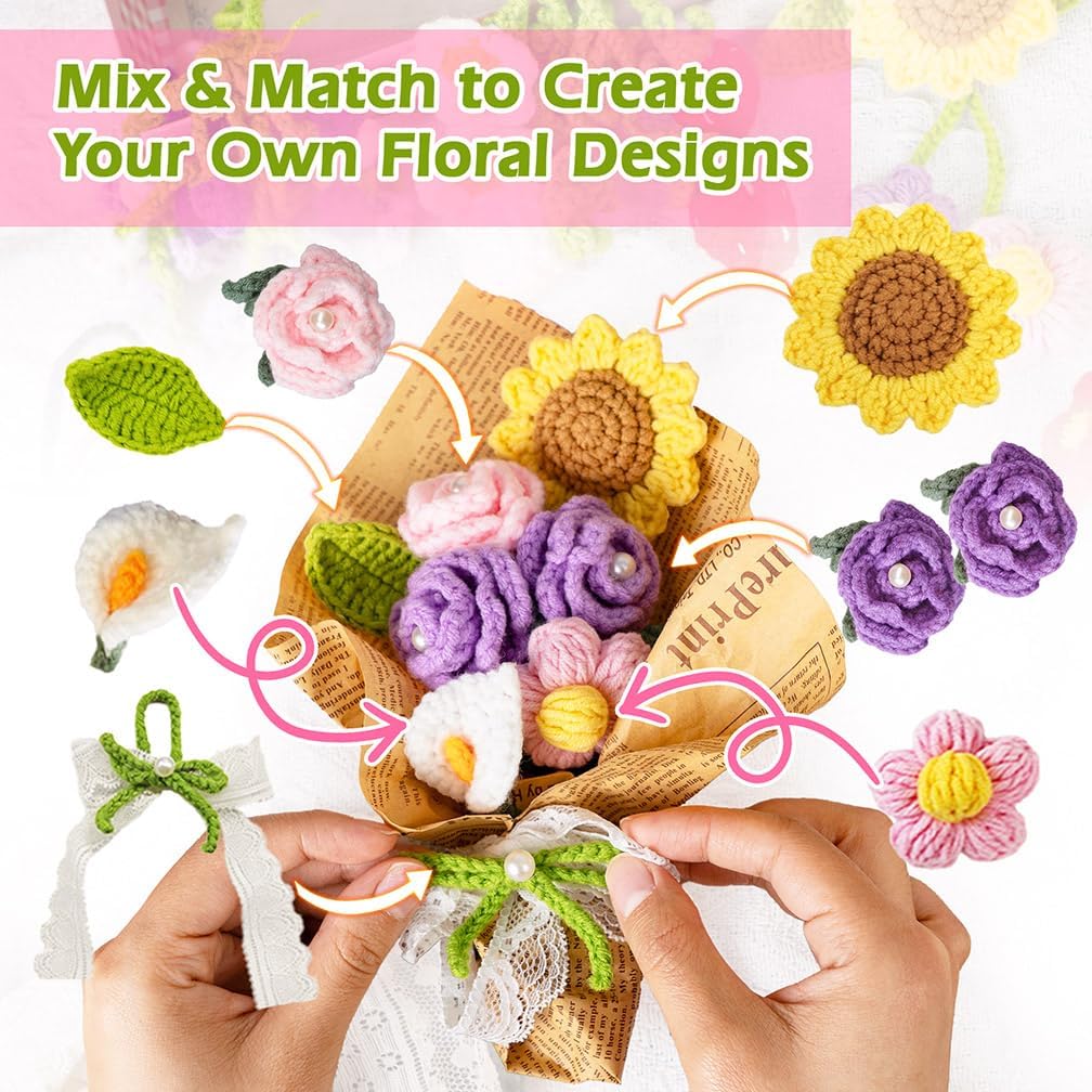 FUNSHOWCASE Crochet Kit for Beginners, DIY 7 Flower Charms for Car Hanging with Video Tutorial