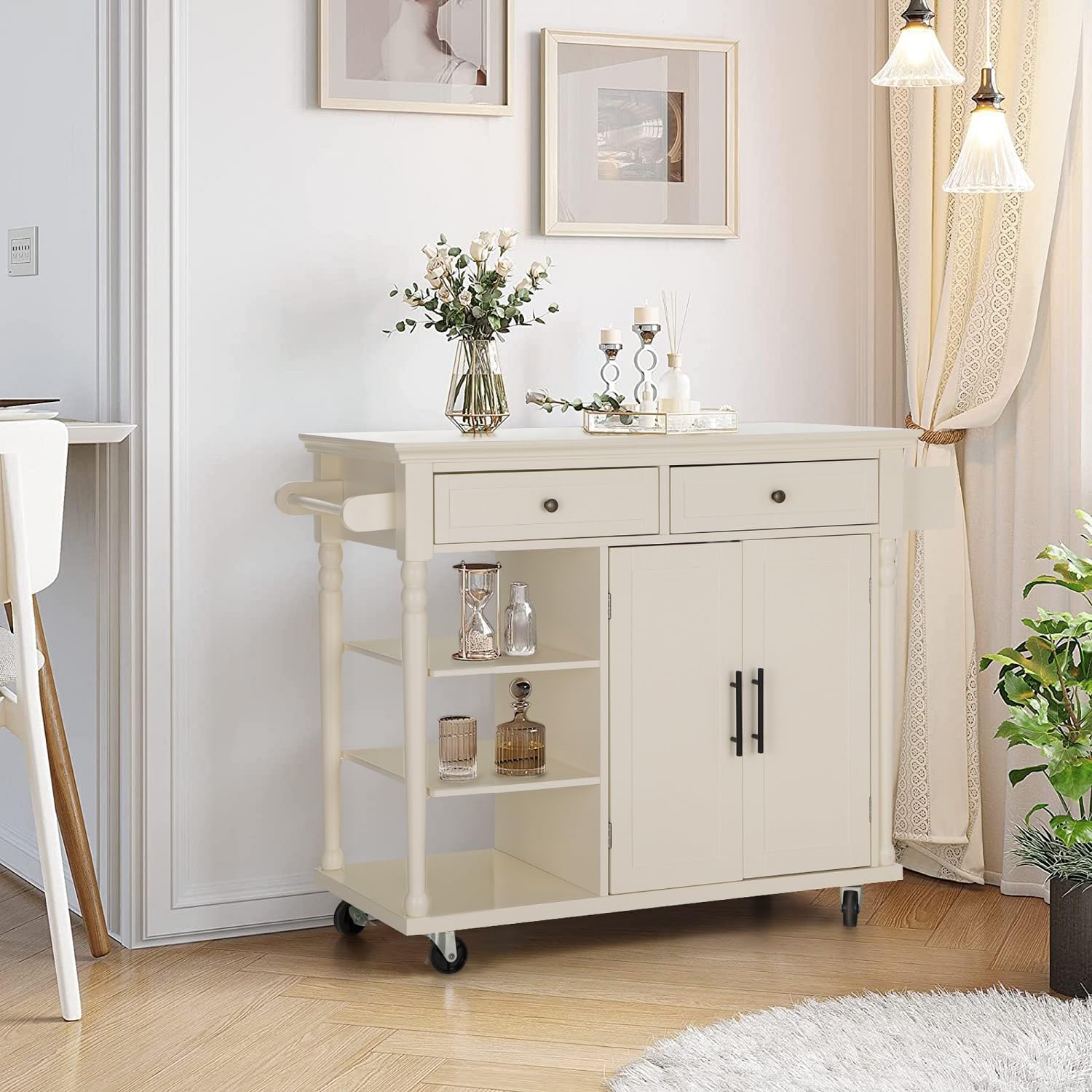 MFSTUDIO Rolling Kitchen Island Cart on Wheels, Mobile Kitchen Cart Trolley Cart with Open Shelves, Drawers, Towel and Spice Rack, Portable Storage Island Cart for Dining Room, Ivory