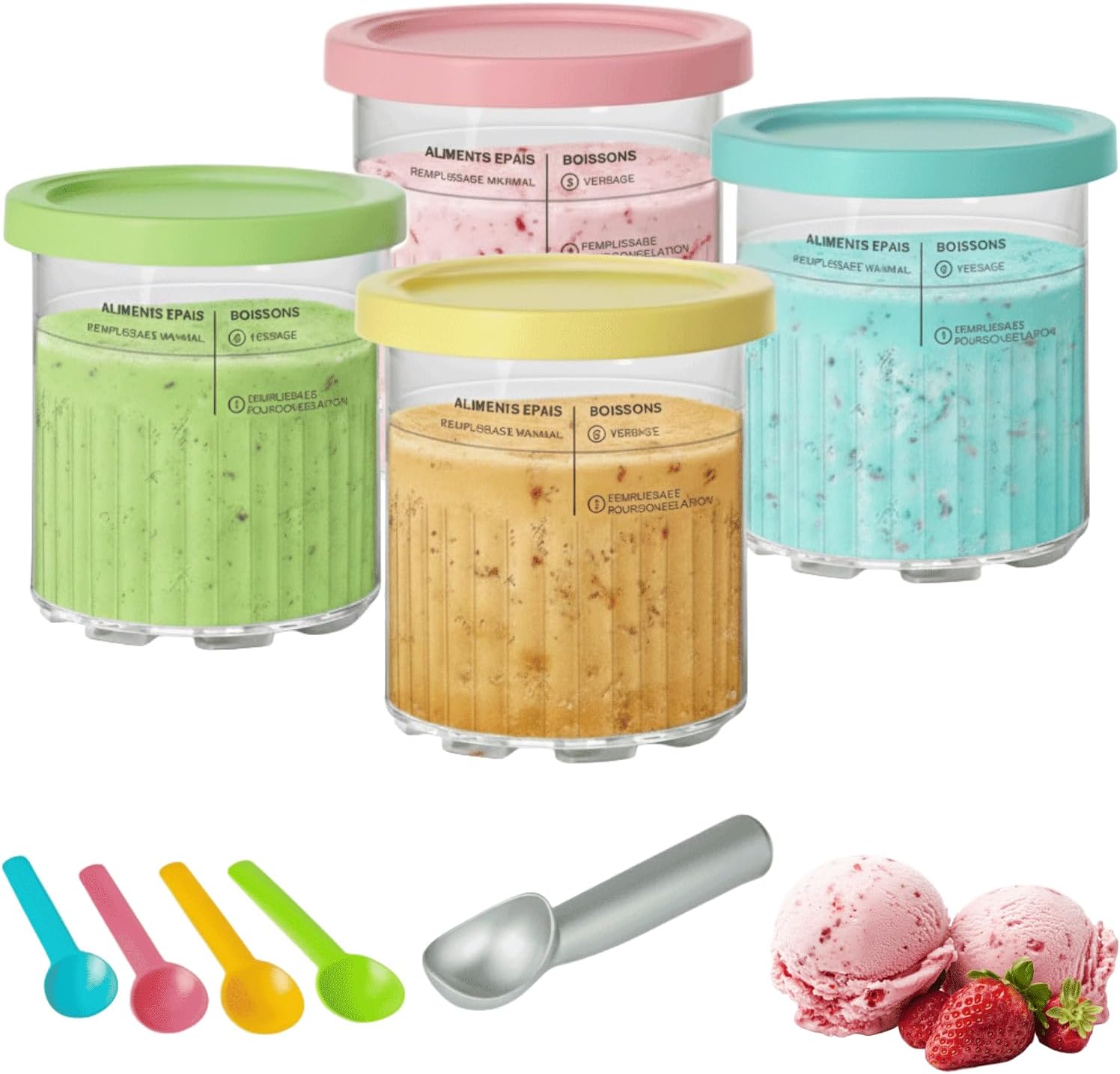 24 oz Deluxe Ice Cream Pints with Lids – 4 Pack Reusable Storage Containers with Insulated Sleeves, Compatible with NC501 & NC500 Series Ice Cream Maker, Dishwasher Safe
