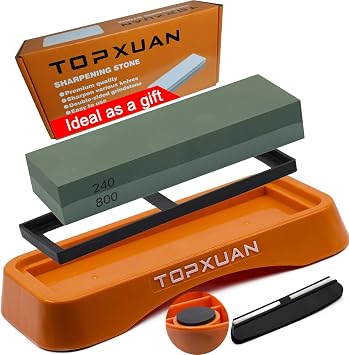 Knife Sharpening Stone 2 Sided 240/800 Grit Sharpener Waterstone,Professional Kitchen Whetstone with Orange Plastic Base,Non-slip Rubber and Angle Guide