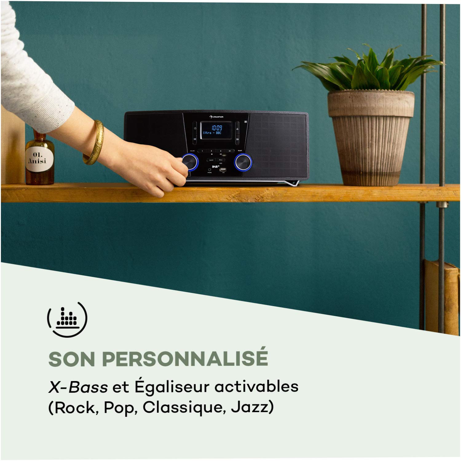 auna Stockton Micro chaîne stéréo - 20W Max. (2X 5W RMS), Dab+, Tuner Radio FM, Fonction RDS, Lecteur CD, Bluetooth, Port USB, AUX-in, écran OLED, X-Bass, EQ, minuterie, Fonction réveil, Noir