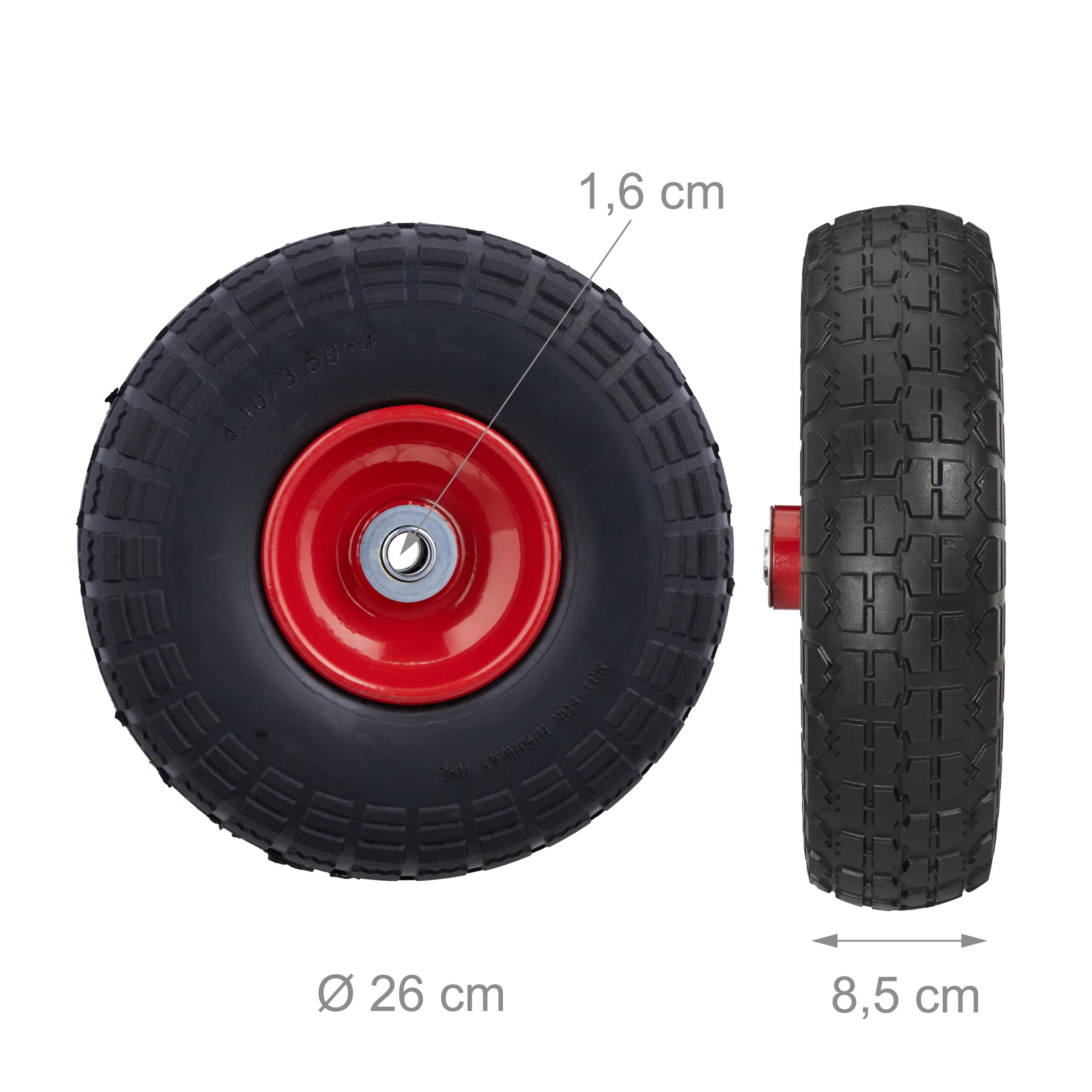 Relaxdays 4X Sackkarrenrad, pannensichere Vollgummireifen, 4.10/3.50-4", Stahlfelge, bis 150 kg, 260x85 mm, schwarz-rot