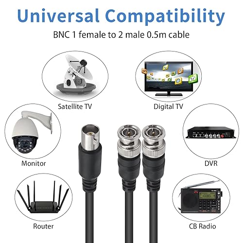 Miniatura 9 de Poyiccot Cable divisor BNC macho a 2 hembras de 1.5 pies, cable divisor BNC 1 en 2 salidas, cable coaxial BNC macho a 2 hembras, cable coaxial de