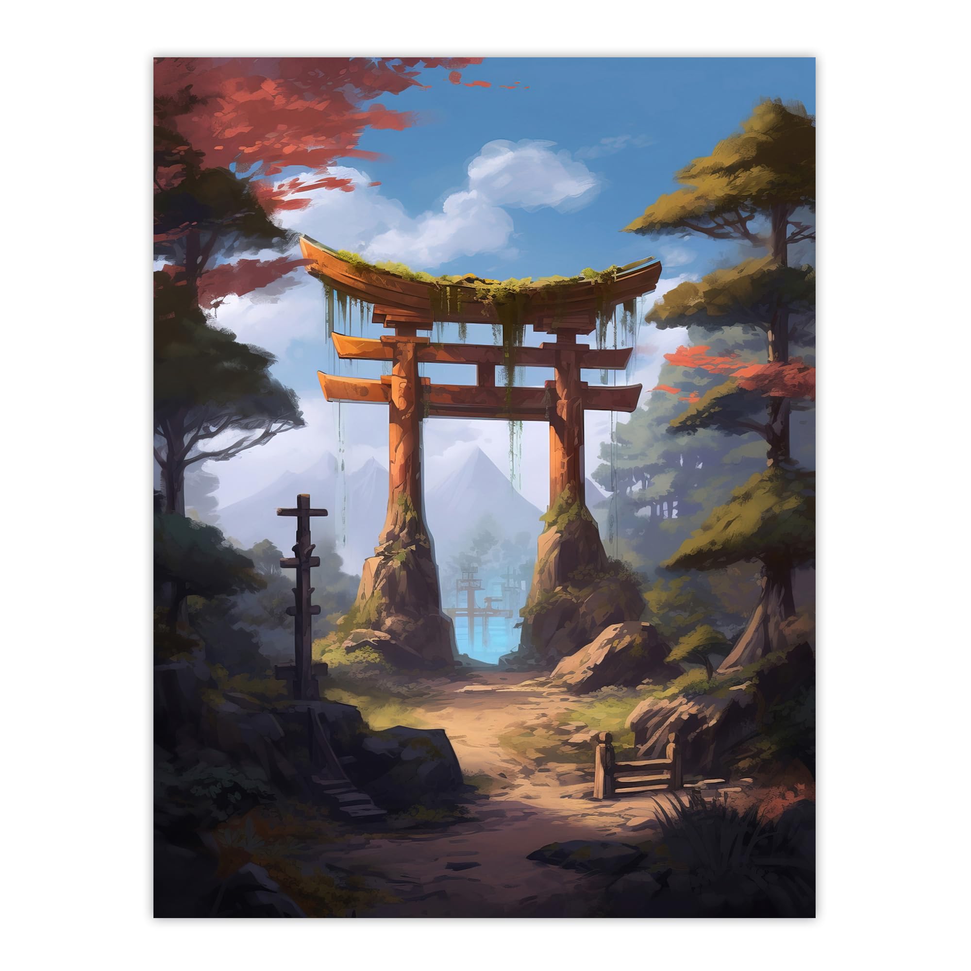 Artery8 Old Torii Gate Leading to Shinto Shrine by Lake Painting Pink Green Blue Tranquil Sacred Grounds Forest Mountain Landscape Large Wall Art Poster Print Thick Paper 18X24 Inch