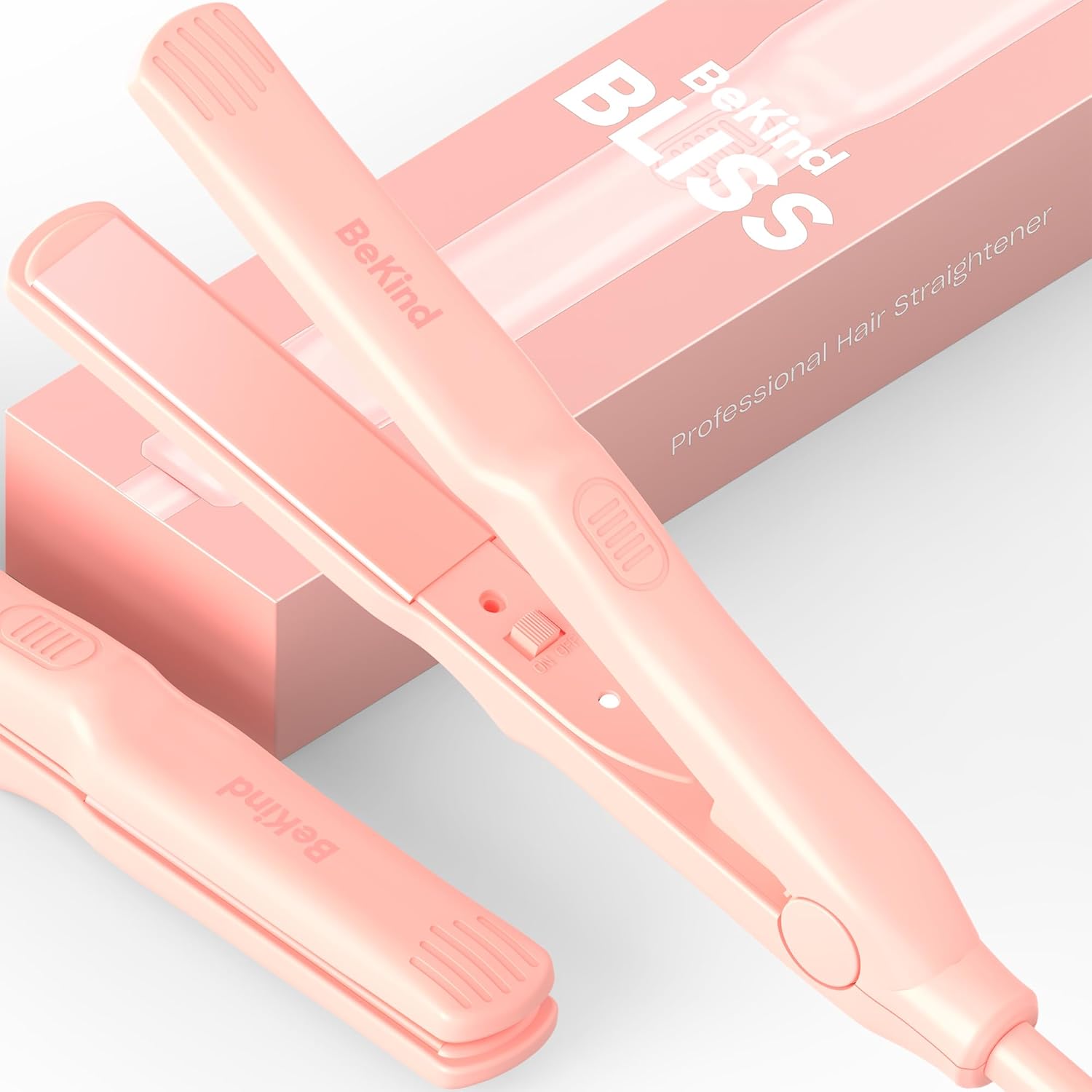 BeKind Bliss Hand-Sized Mini Hair Straightener – Portable Ceramic Small Flat Iron for Short Hair, Bangs, Curls – Lightweight, Dual Voltage Travel Hair Iron, Ideal for Styling & Touch-ups – Peach
