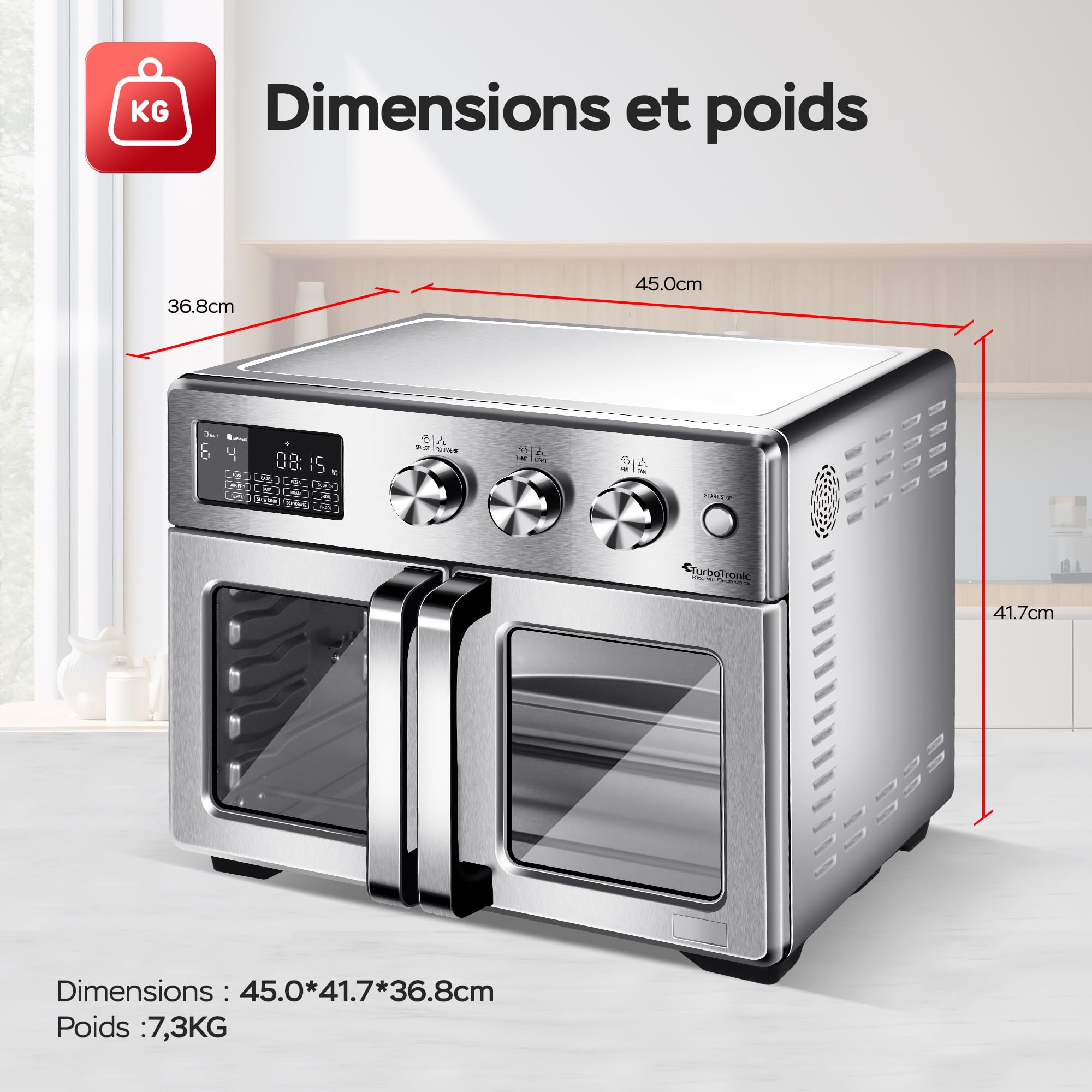 TurboTronic Mini four, four à air chaud 4 en 1 et friteuse à air chaud, version XXL 32 L, y compris tournebroche et de nombreux accessoires, plaque de cuisson, déshydrateur à partir de 25 °C & grill,