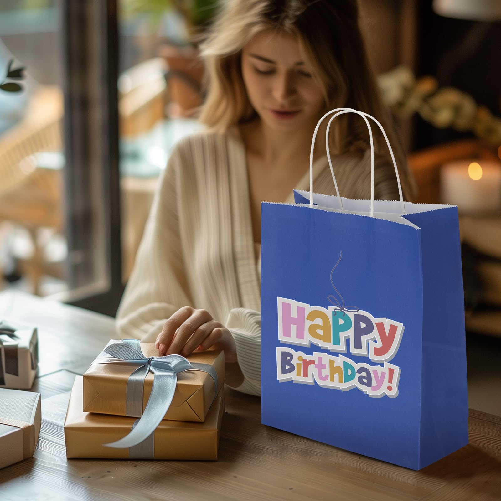 Toovip 50 Pack 8x4.75x10 Inch Medium Royal Blue Kraft Paper Bags with Handles Bulk, Gift Wrap Bags for Favor Grocery Retail Party Birthday Shopping Business Goody Craft Merchandise Take Out sacks