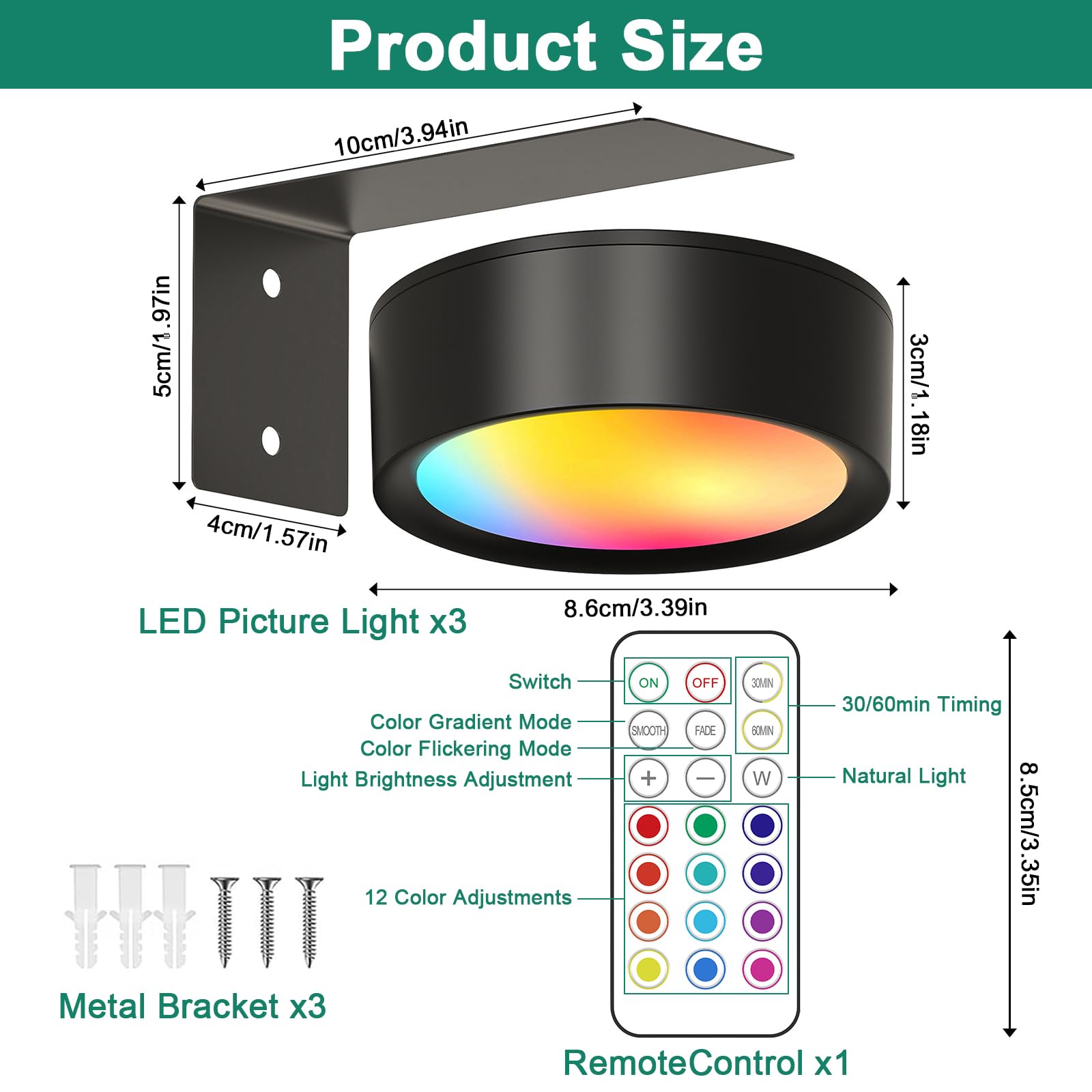 JIMACRO 3 Stück Magnetisches LED Malerei Licht, RGB Aufladbar LED Spot mit Fernbedienung, Lichter Schlafzimmer Wohnzimmer Bildbeleuchtung Leuchte, Vitrinenbeleuchtung Kabellos für Bilderrahmen Bilder