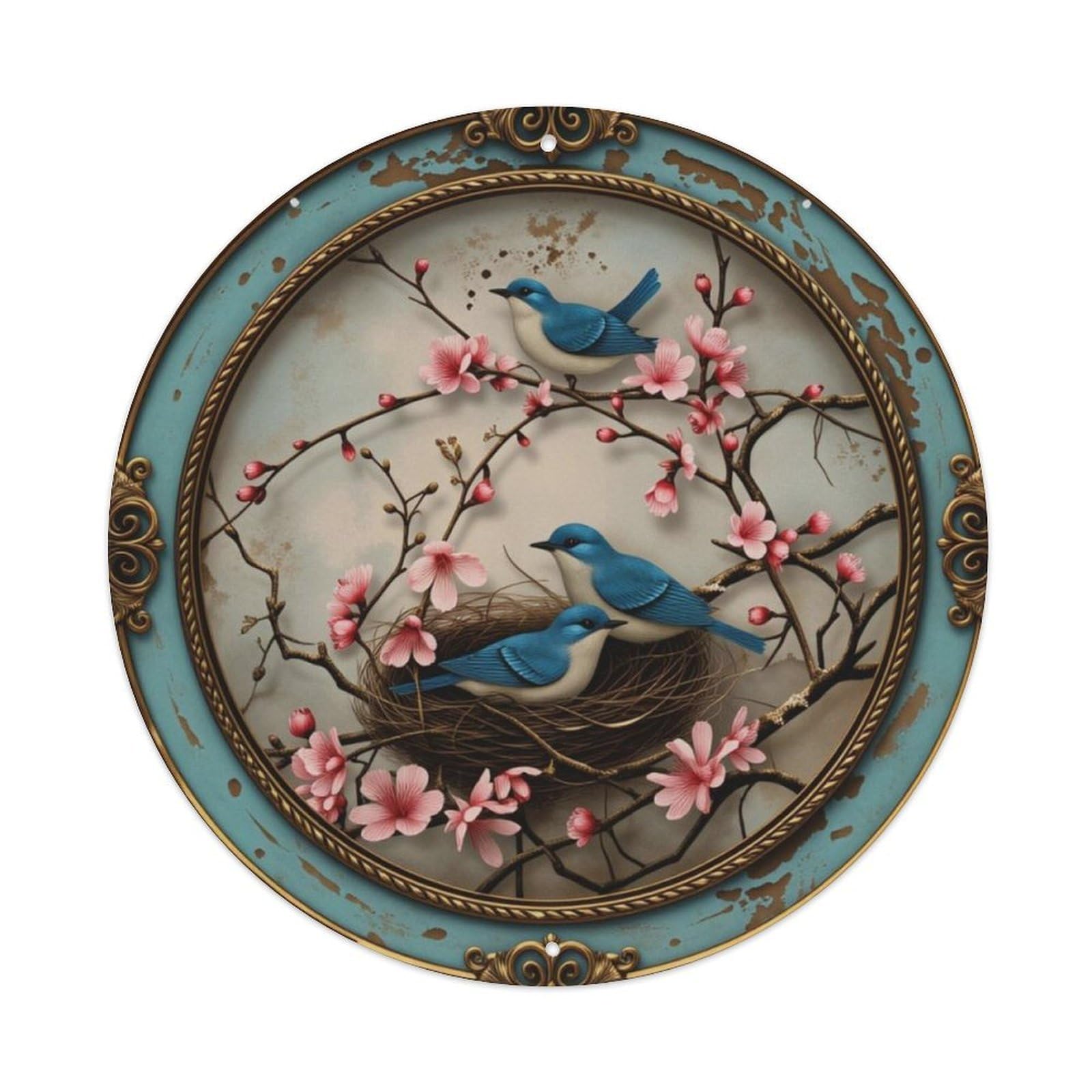 Vintage Ornate Frame Cherry Blossom Blue Birds Nest Round Sign Vintage Aluminium Metal Sign, Retro Wall Decor for Home, Bar, Garage & Farmhouse 20x20cm