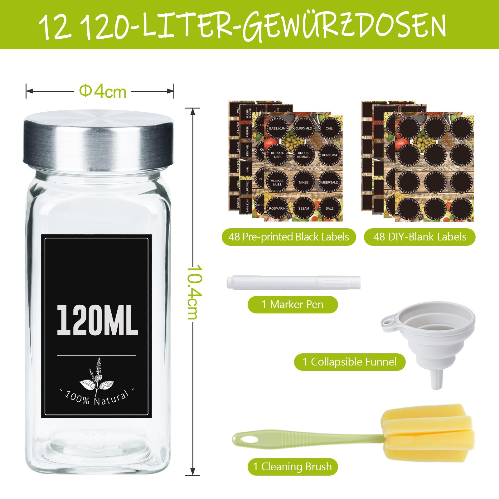 UISEBRT Set di 12 barattoli per spezie, rettangolari, con etichette, per spezie, in vetro, 120 ml, ermetici con inserto per spargimento, imbuto, spazzola per la pulizia, copertura in acciaio inox