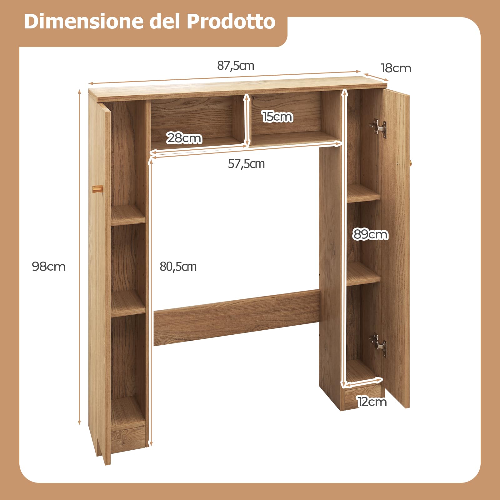 GYMAX Mobile Sopra il WC, Armadietto da Bagno Autoportante con Ante, 2 Scomparti Aperti e 4 Ripiani Regolabili, Scaffale Toilette Salvaspazio, Mobiletto da Terra, 87,5 x 18 x 98 cm (Naturale)