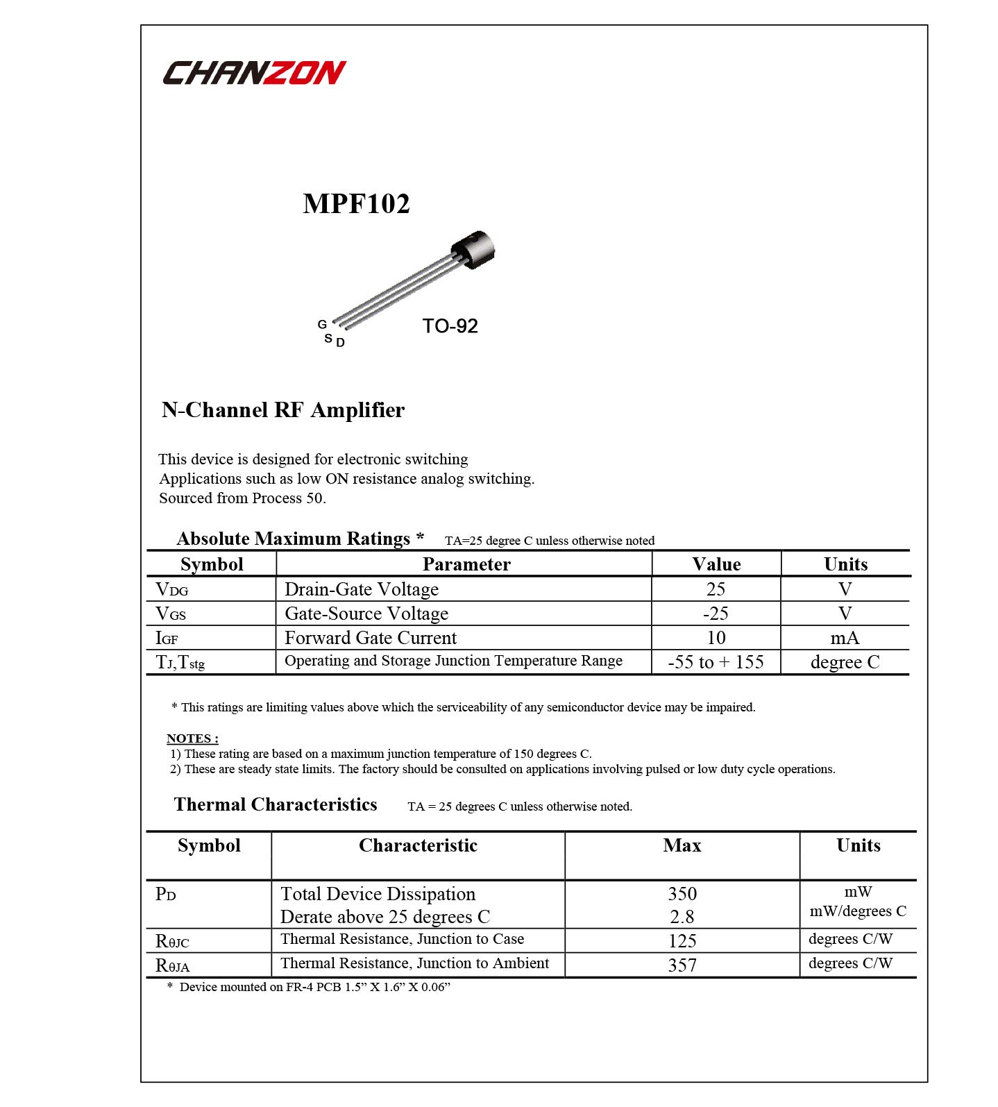 Chanzon MPF102 TO-92 Amplificatore RF Transistor 10 mA