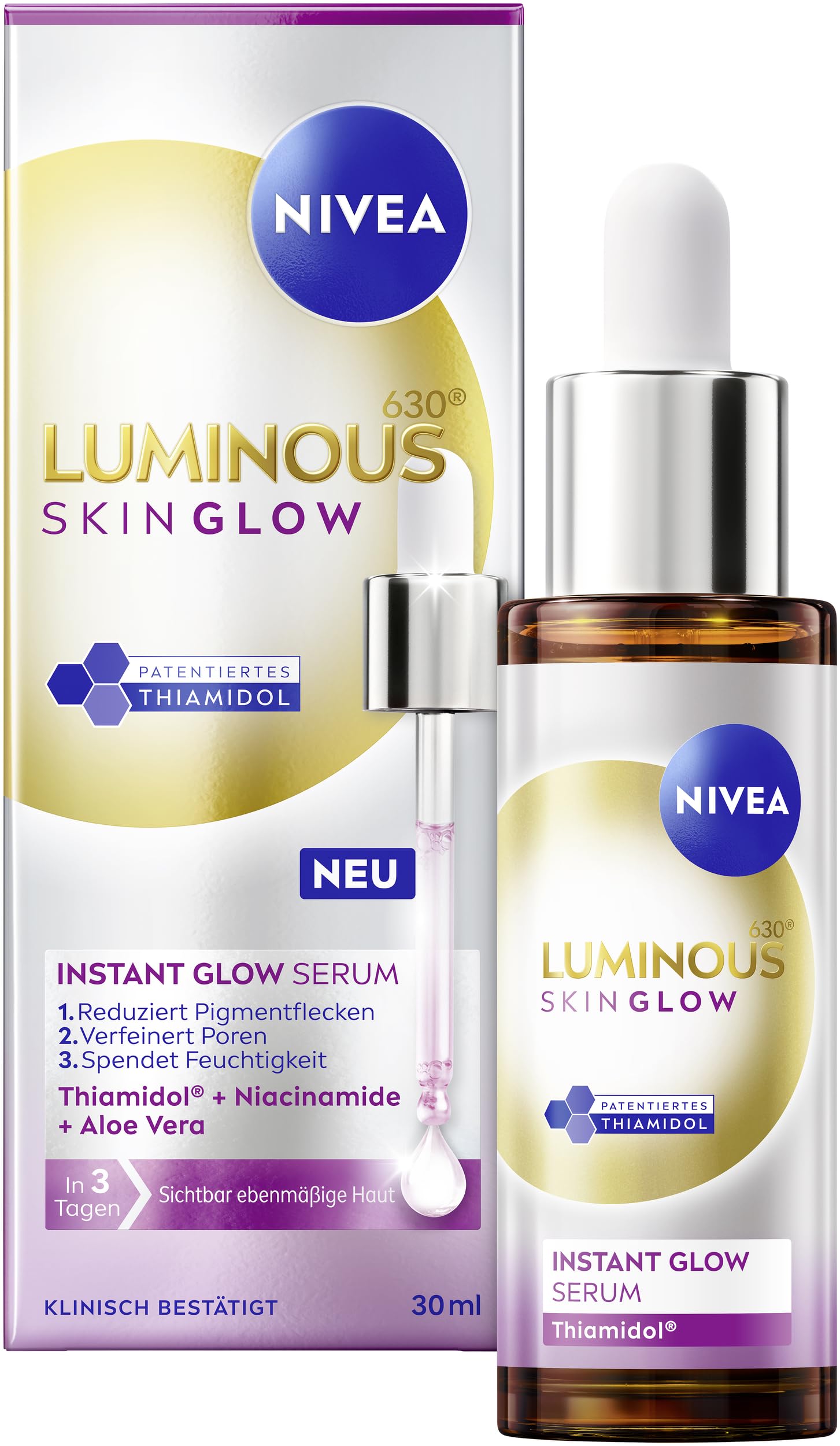 NIVEA LUMINOUS630 Skin Glow Instant Glow Serum, hocheffektives, leichtes Gesichtsserum für strahlende und ebenmäßige Haut, Gesichtspflege mit Thiamidol, Niacinamid & Aloe Vera (30 ml)