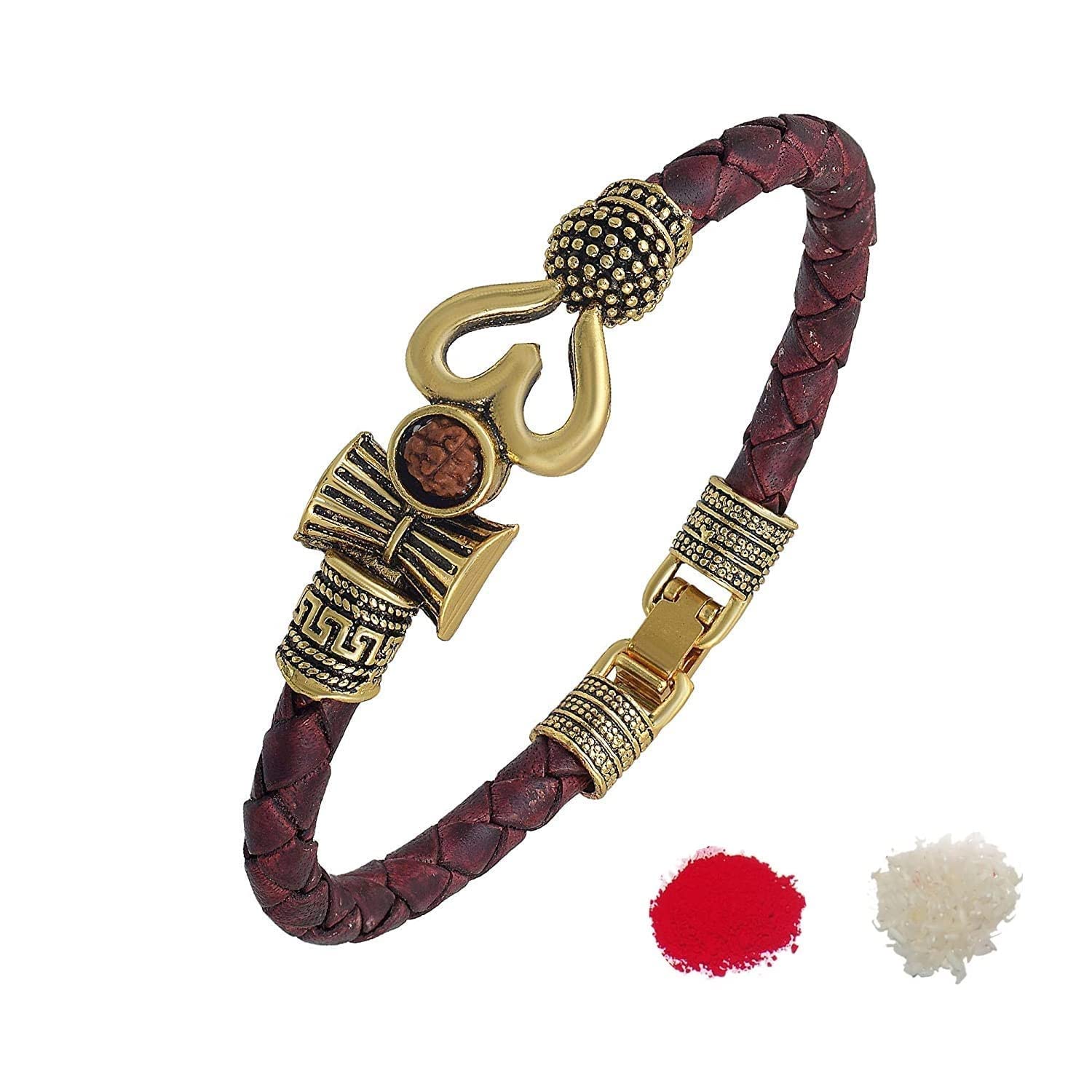 Trishul Damru OM Rudraksha Gold Plated Leather Mahadev Mahakal Shiva Bhakt Bahubali Navaratri Special Kada Bracelet for Men & Women (Brown & Gold)-image-47