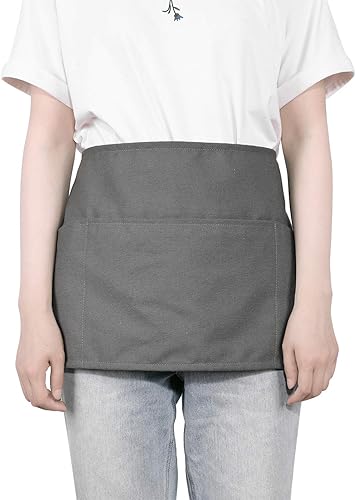 Miniatura 3 de GNEGNI Delantal de cintura con 3 bolsillos, delantal de camarero para camarero, delantal corto y medio uniforme