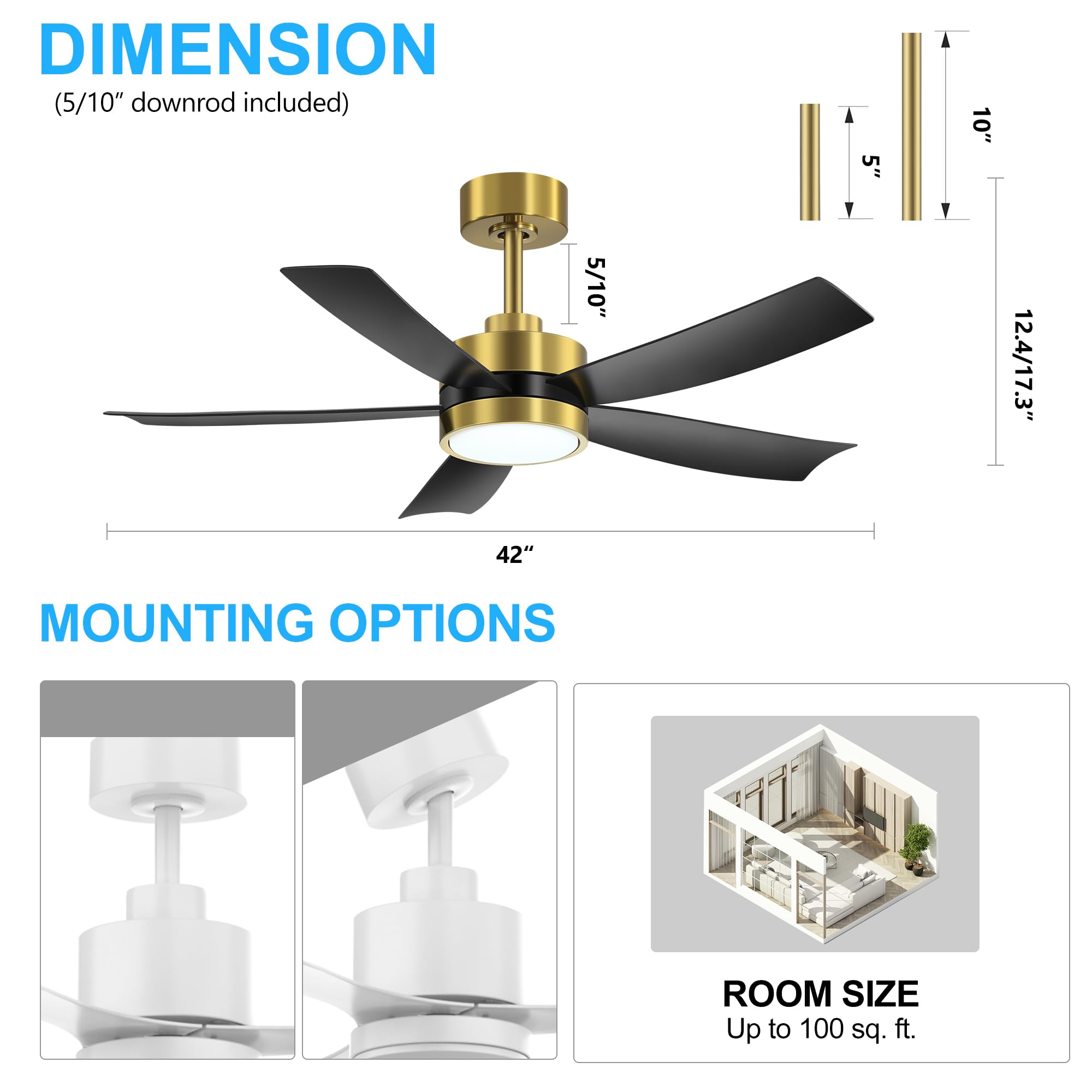 42 Inch Ceiling Fan with Light and Remote, 5-Blade, Reversible DC