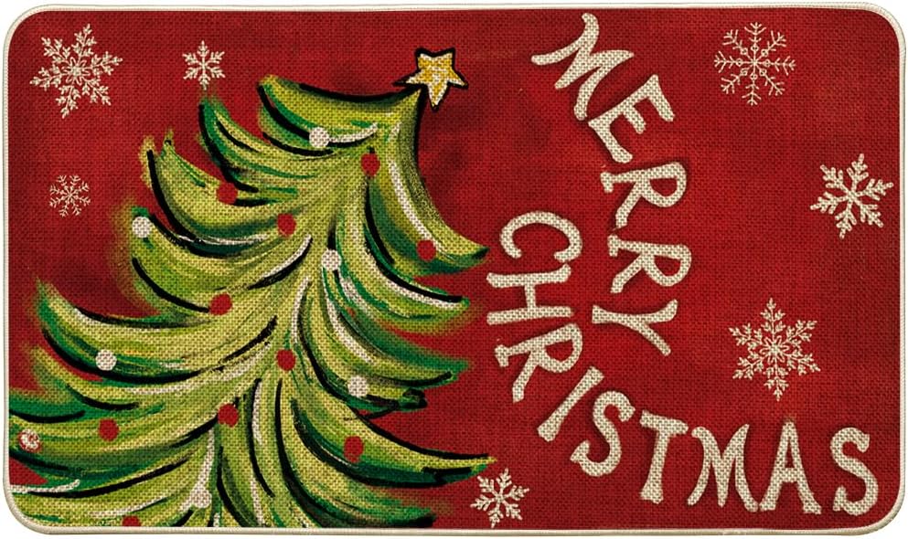 Artoid Mode Xmas Tree Merry Christmas Doormat, Snowflake Winter Home Decor Low-Profile Switch Rug Door Mat Floor Mat for Indoor Outdoor 17x29 Inch