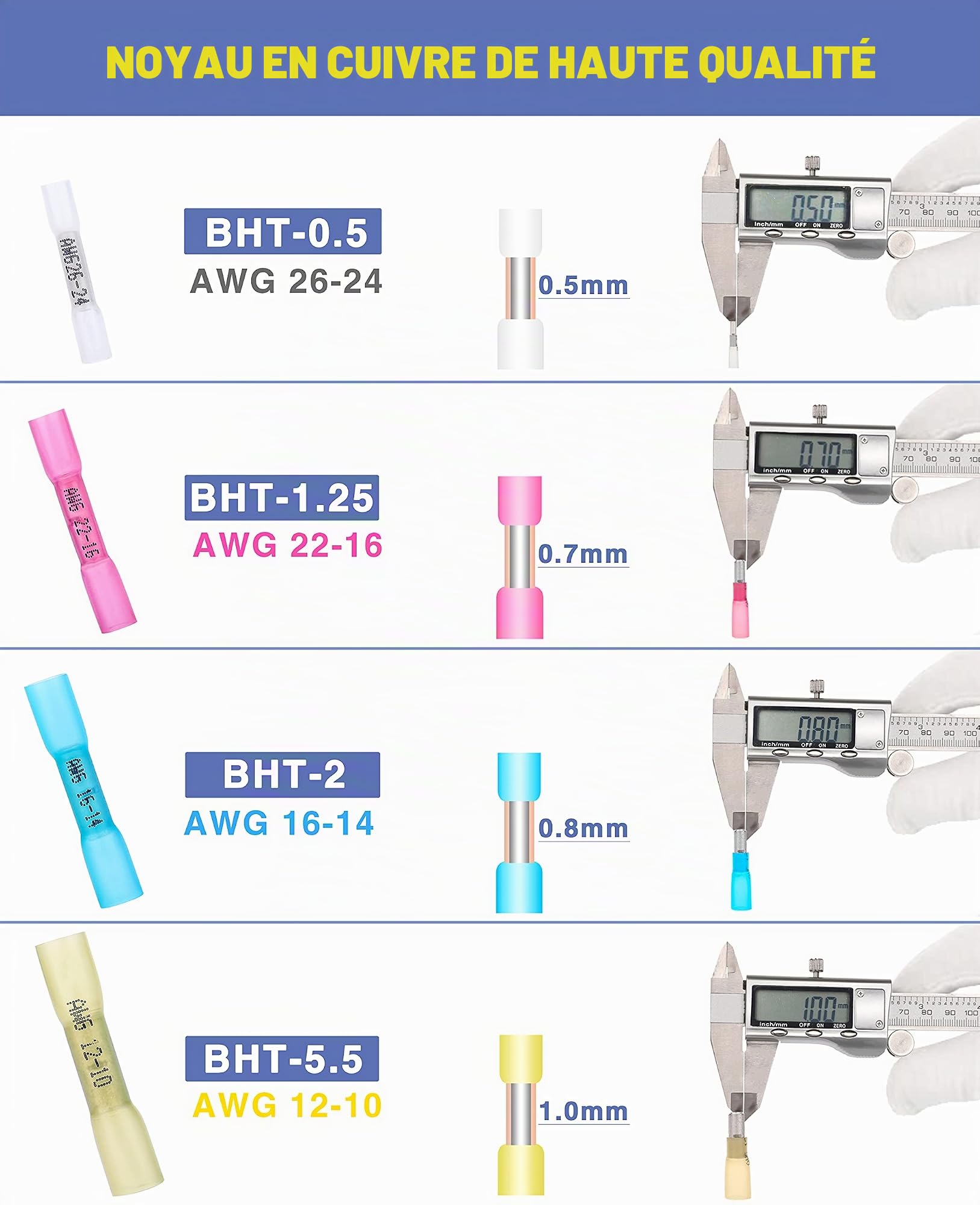 Haisstronica Lot de 200 connecteurs thermorétractables étanches de qualité marine en cuivre rouge étamé isolé pour bateau, camion, stéréo, joint (4 couleurs/4 tailles)