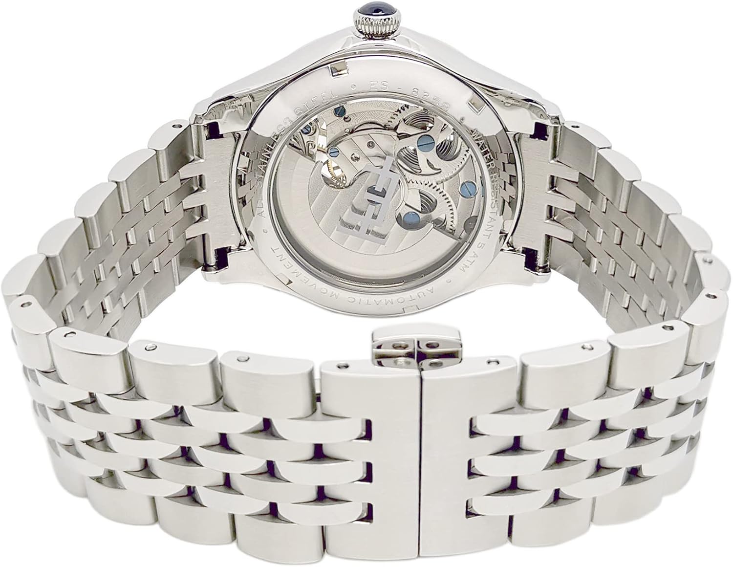 Back view of the Thomas Earnshaw Nasmyth Sun Moon Dual Time Watch, showing the transparent case back revealing the automatic movement and engraved details.