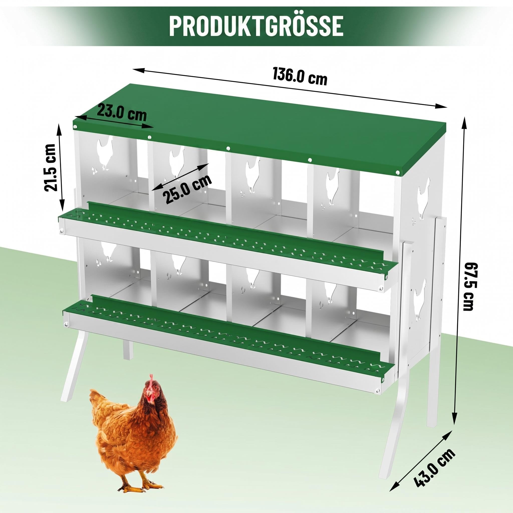 Garvee Legenester für Hühner, automatisches Rollauslauf-System, aus verzinktem Metall, mit Wandmontage und Metallbeinen, langlebig, saubere Eier, Grün, acht Fächer + Halterung