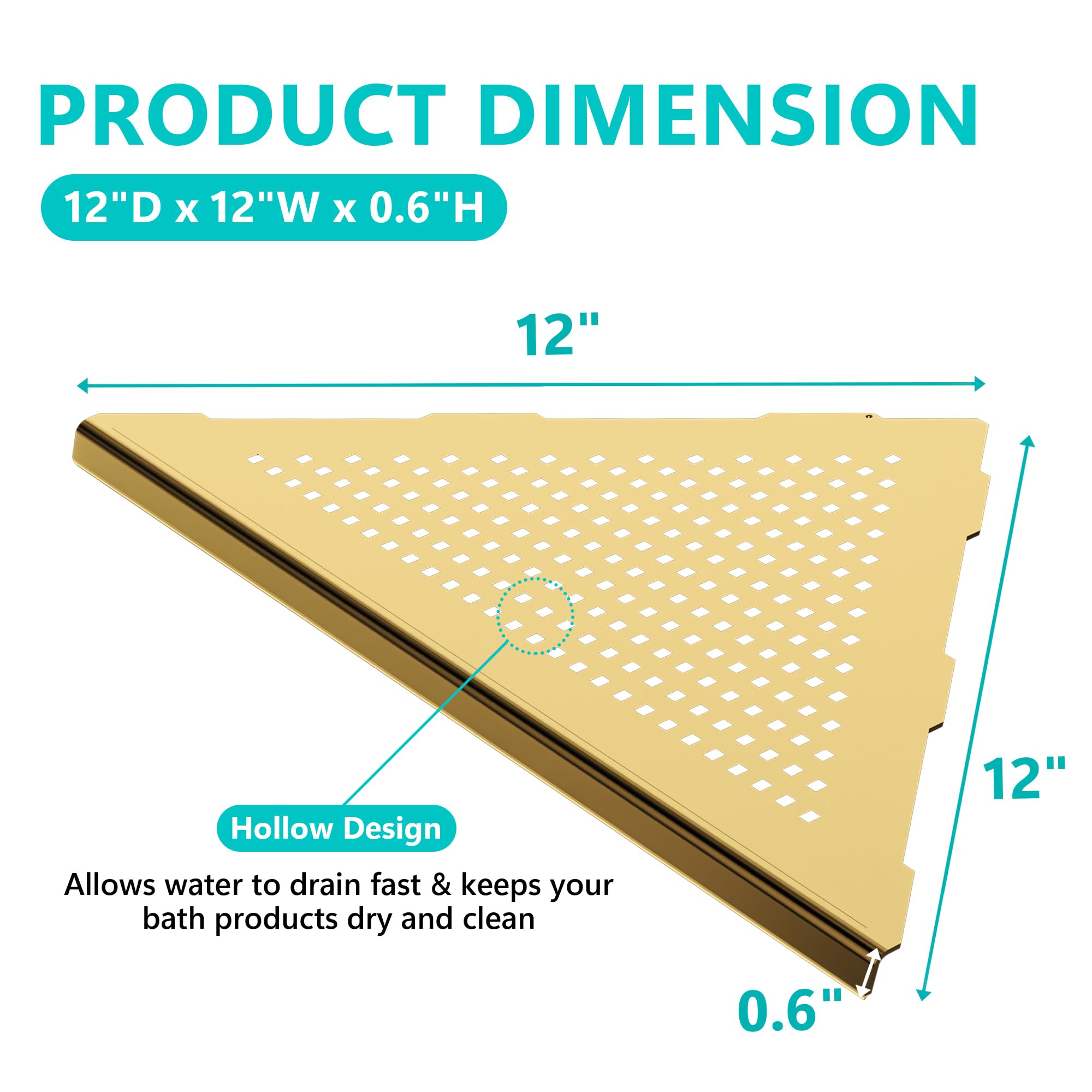 Qeke Estante esquinero de baño, empotrado de 12 pulgadas, estante de ducha de acero inoxidable SUS304 triangular para montaje en pared, sin taladrar, dorado cepillado