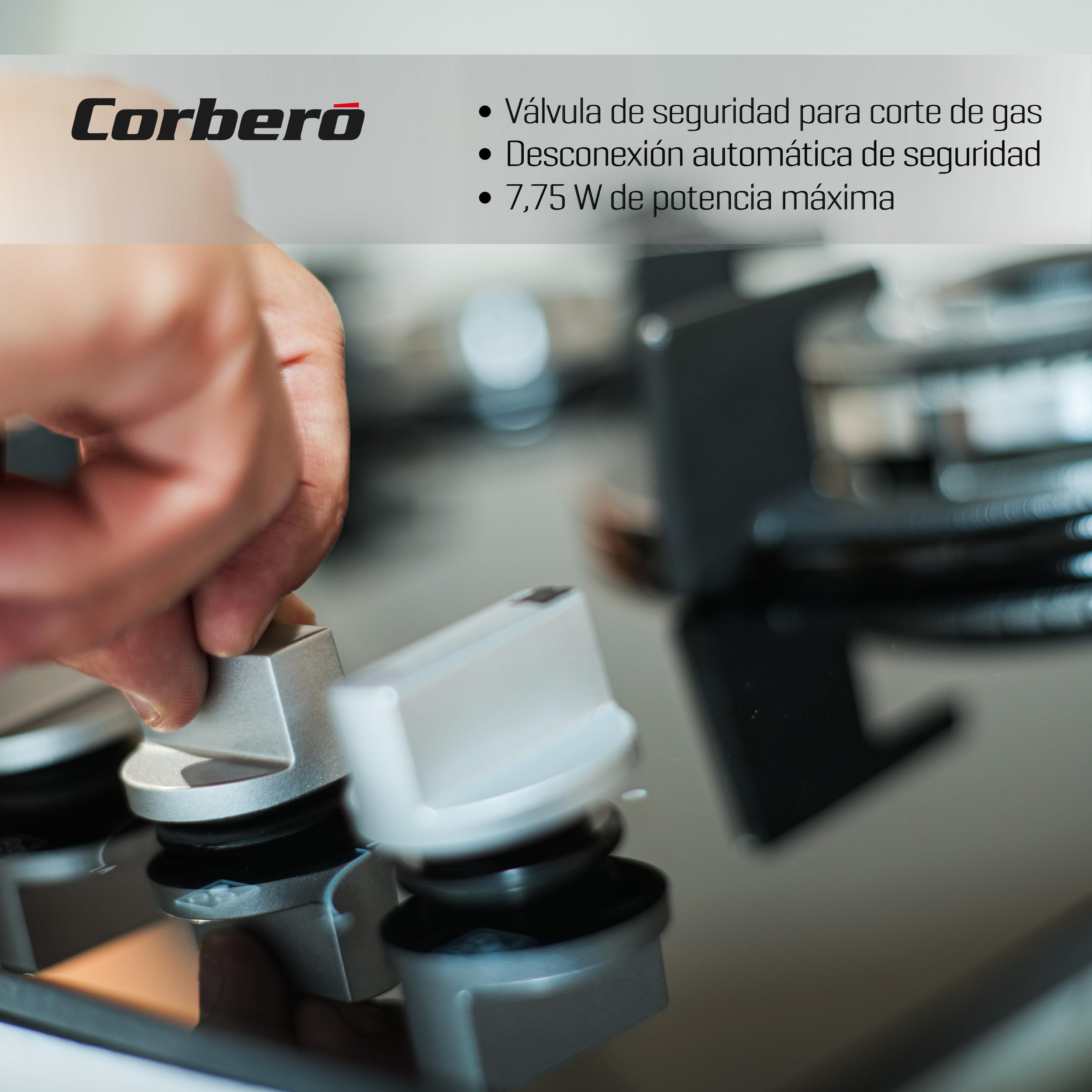 Corberó - Placa Cristal Gas butano |CPCGY2303N | 3 Fuegos | Potencia 7,75KW | Zona Wok | Sin Autoencendido | Desconexión Automática | Parrilla Hierro Fundido | Kit de conversión a gas natural | Negro — view 5