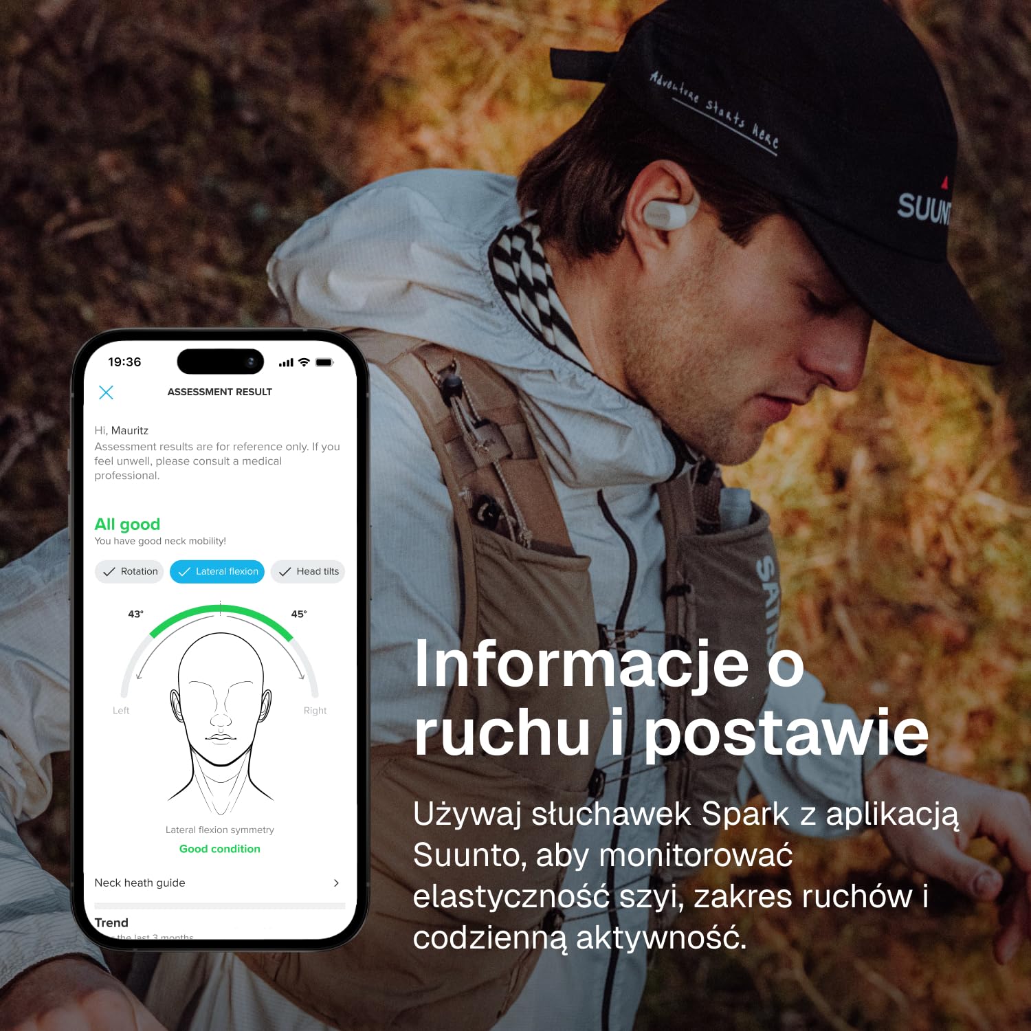 SUUNTO Spark – sportowe słuchawki douszne typu Open Ear, lekkie i wygodne, wodoodporność IP55, do 36 h odtwarzania, Bluetooth 5.4, sterowanie ruchem głowy – do treningu i codziennej aktywności.