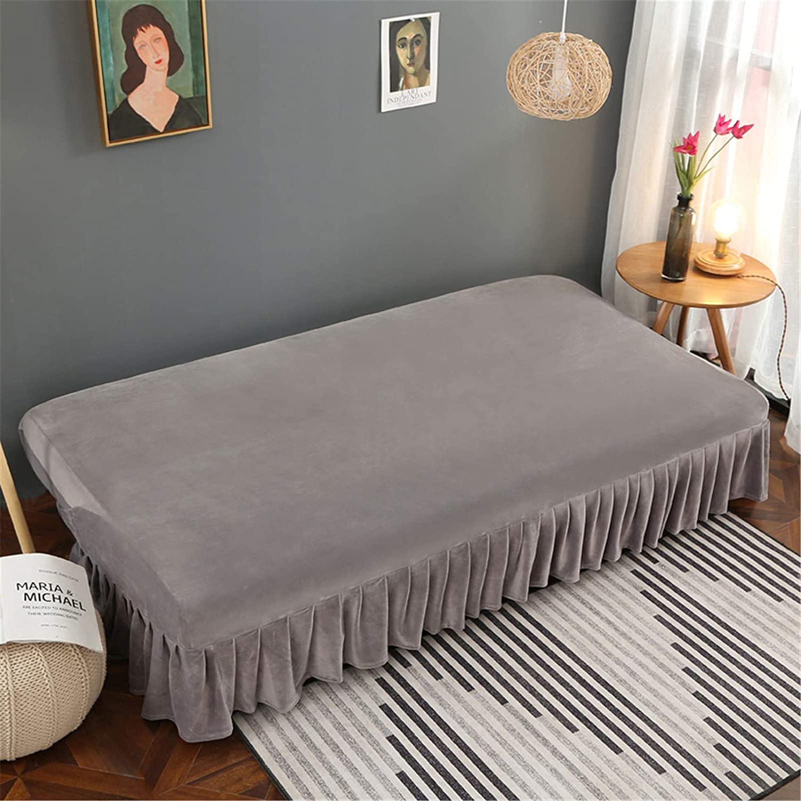 Elegante funda de futón de terciopelo gris claro con falda de volantes, funda elástica sin brazos, versátil, protector de sofá, resistente a la piel, para decoración moderna del hogar
