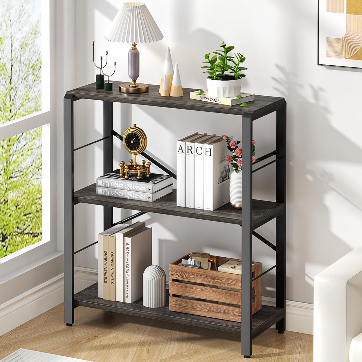FOLUBAN Industrial Small Bookshelf, 3 Tier Low Short Book Shelf, Metal and Wood Bookcase for Small Spaces, Bedroom Living Room, Dark Gray