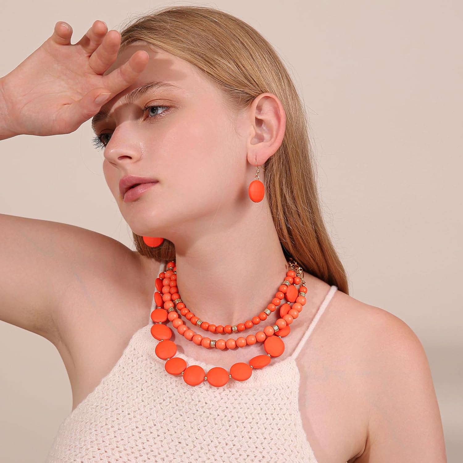 3 Multi-Strand Beads Necklace and Earrings Set, Chunky Jewelry Set Statement Beaded Necklace for Women - Image 3