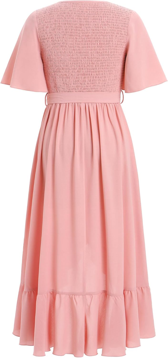 AWIBMK Boho Mommy and Me Dress Summer Holiday Casual Ruffle Sleeve V-Neck Midi A-Line High Low Dresses with Belt - Image 2
