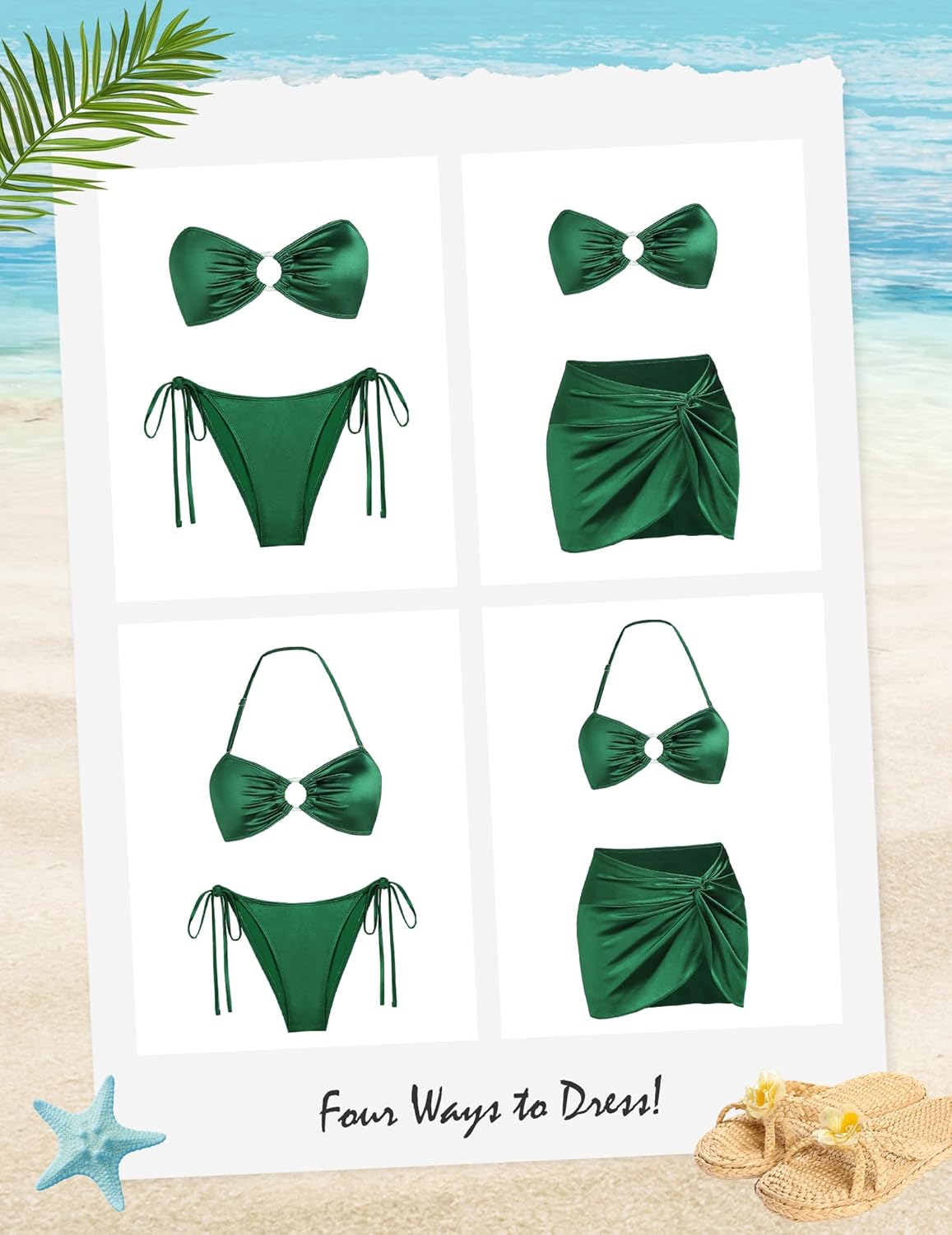 Ruched 3 Piece Swimsuits for Women Ribbed Velvet Bikini Sets with Sarong Coverup Metal Ring Bathing Suit - Image 6