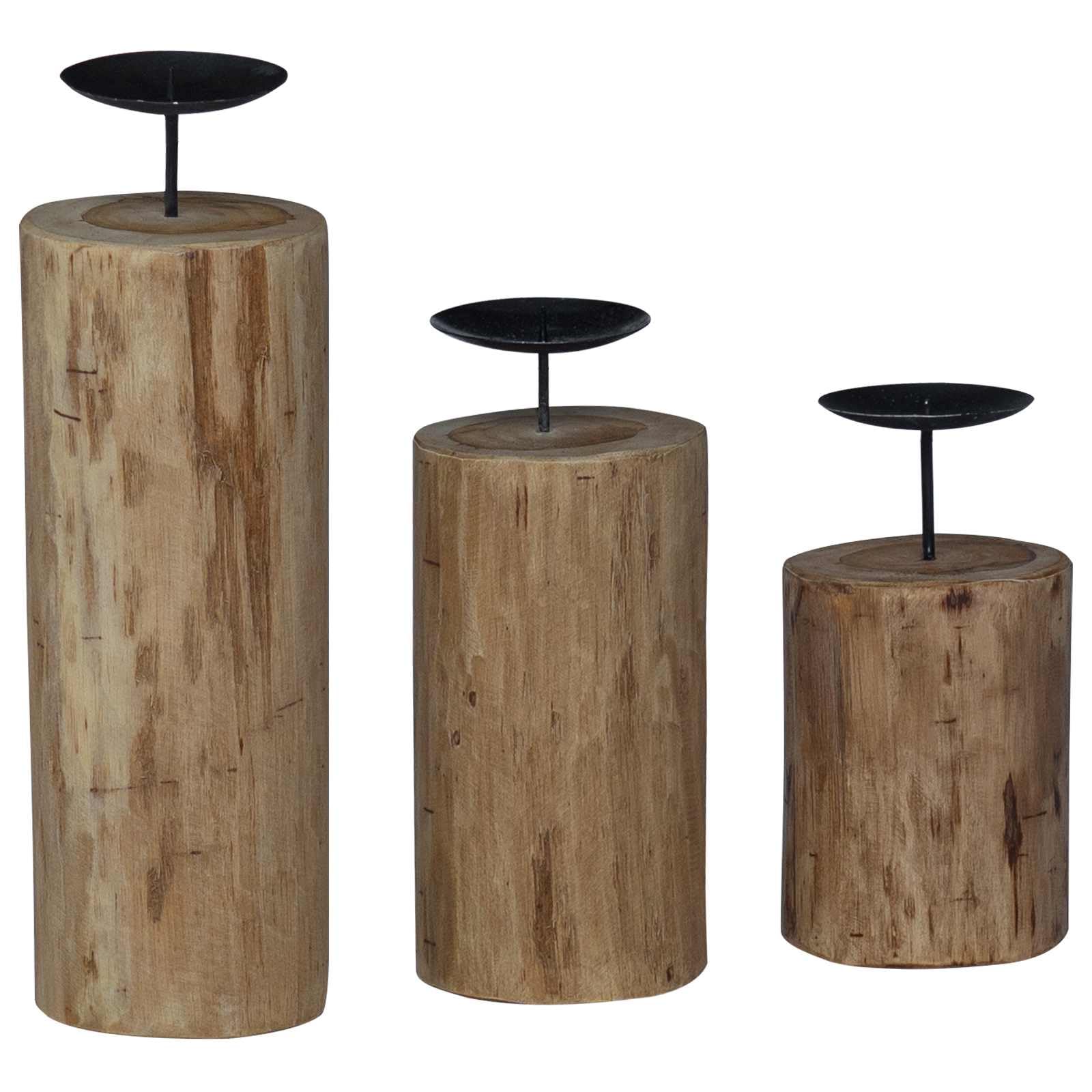 Kerzenhalter Set aus massivem Teakholz Natur, 3 Stück für Stabkerzen und Säulenkerzen, mit Maßen 12x12x29 12x12x20 12x12x15 cm, für Tischdeko im Wohnzimmer