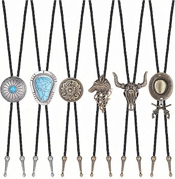Subiceto 6Pcs Bolo Tie for Men Western Cowboy Natural Turquoise Tiger Eye Stone Necktie Native American Bola Tie Set