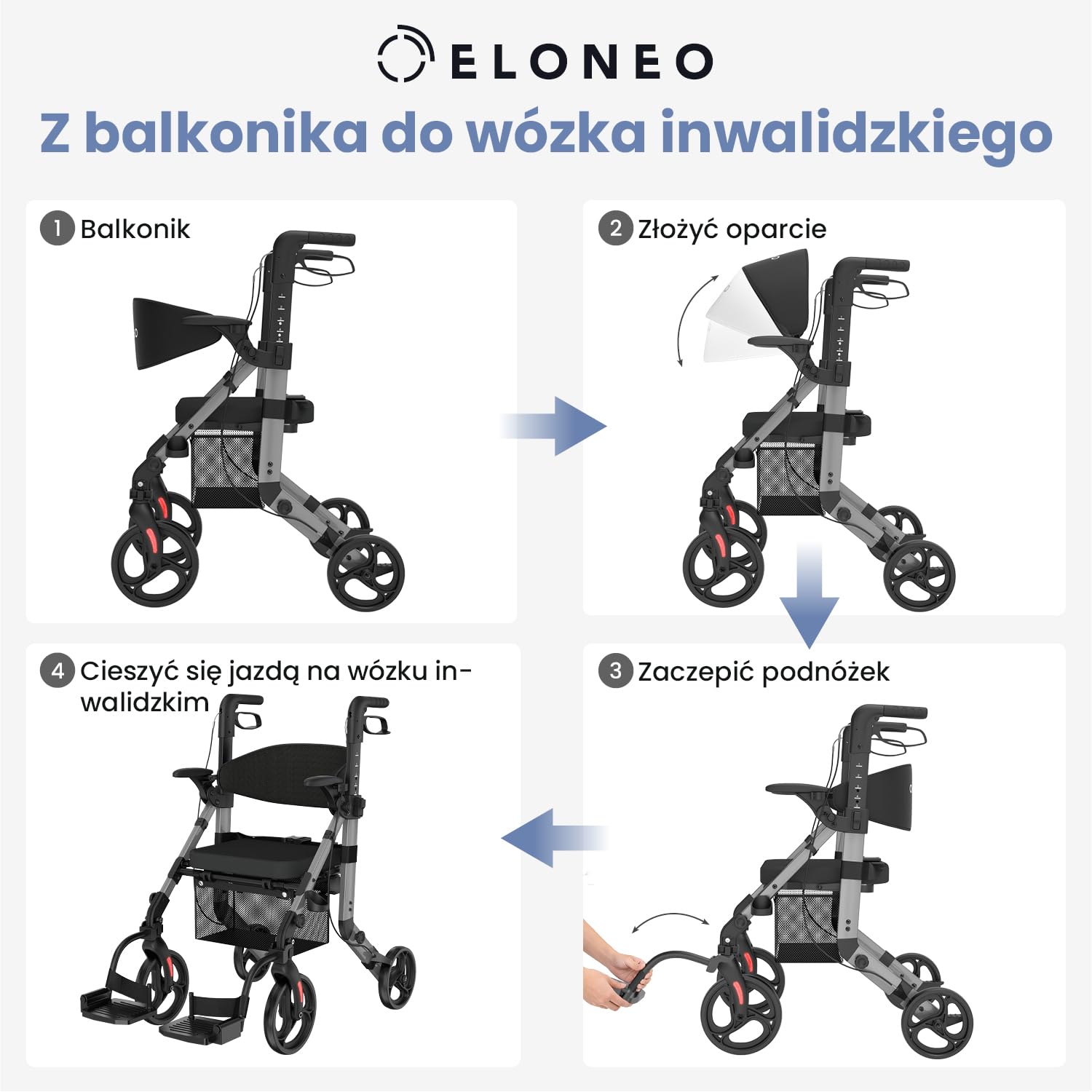ELONEO 2 w 1 Wózek inwalidzki i balkonik rehabilitacyjny składany i lekki z siedziskiem, terenowy rollator wózek inwalidzki składany lekki na każdy teren, wózek transportowy, szary