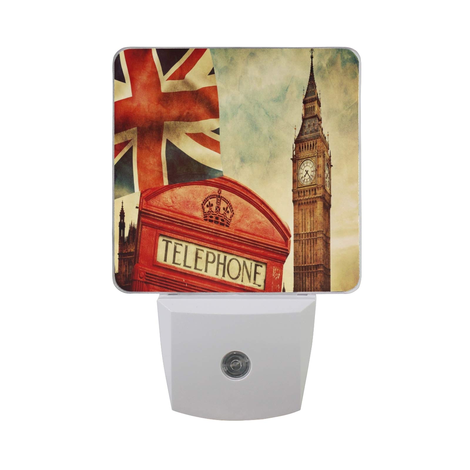 ALAZA 2 Pack Vintage England Union Jack Telephone Booth LED Night Light Dusk to Dawn Sensor Plug in Night Home Decor Desk Lamp for Adult