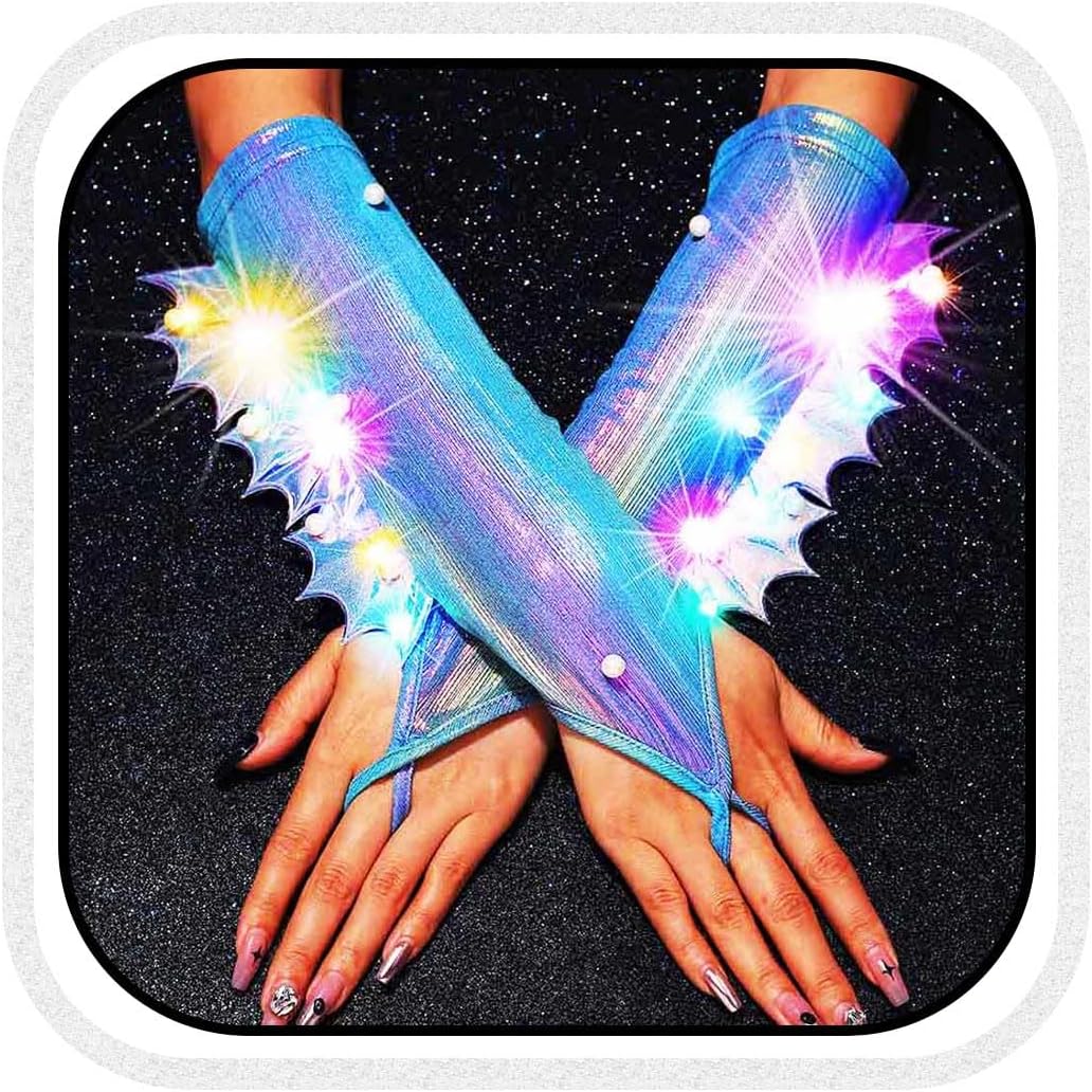 GORTIN Light up Mermaid Fingerless Gloves Elbow Length Cosplay Glove Rave Costume Accessories for Women