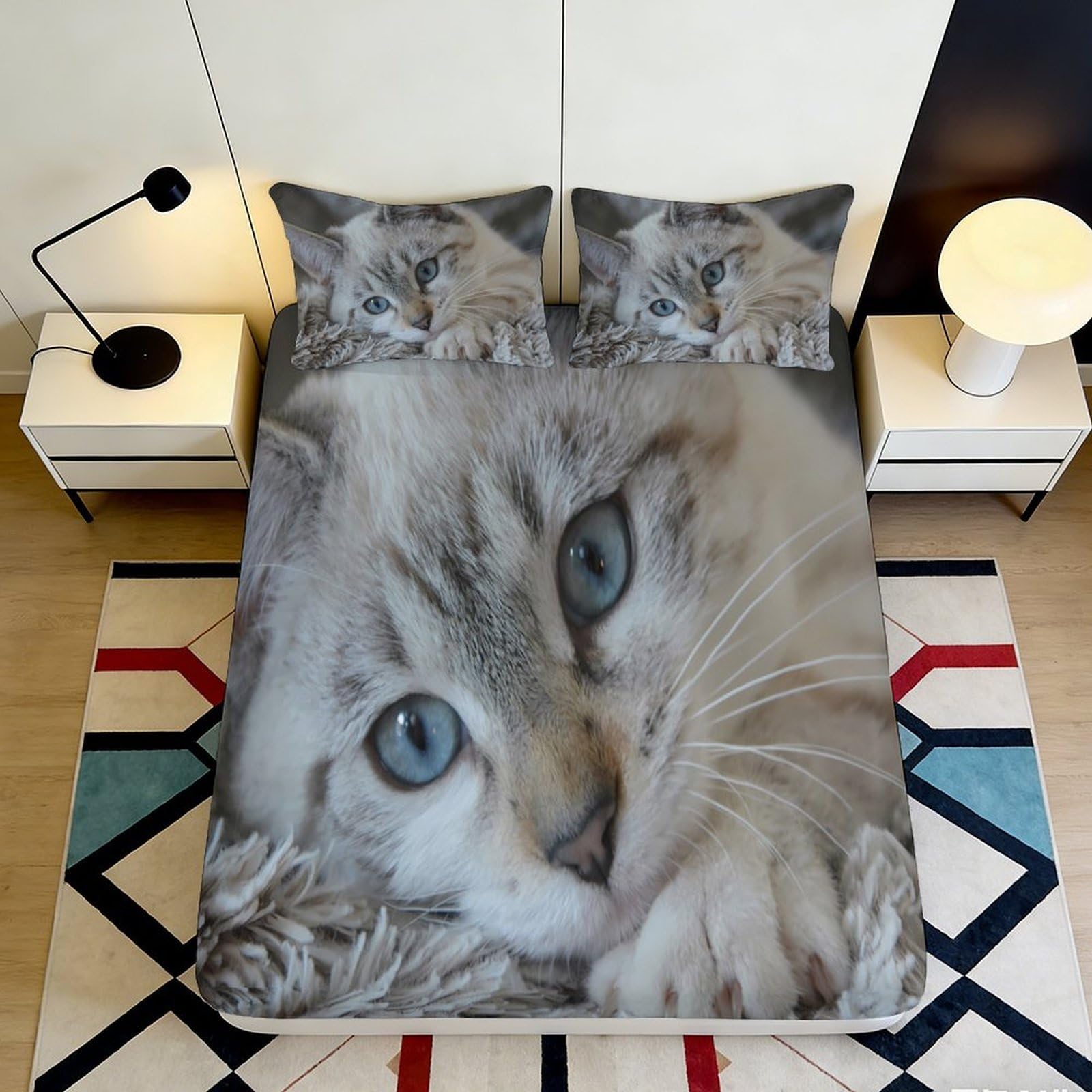 3D Printed Cat Face Fitted Sheet Microfiber Soft Durable Blue Eyes Bed Cover for Bedroom Dormitory Guest Room Mattress Protection Decor 200x200x25cm