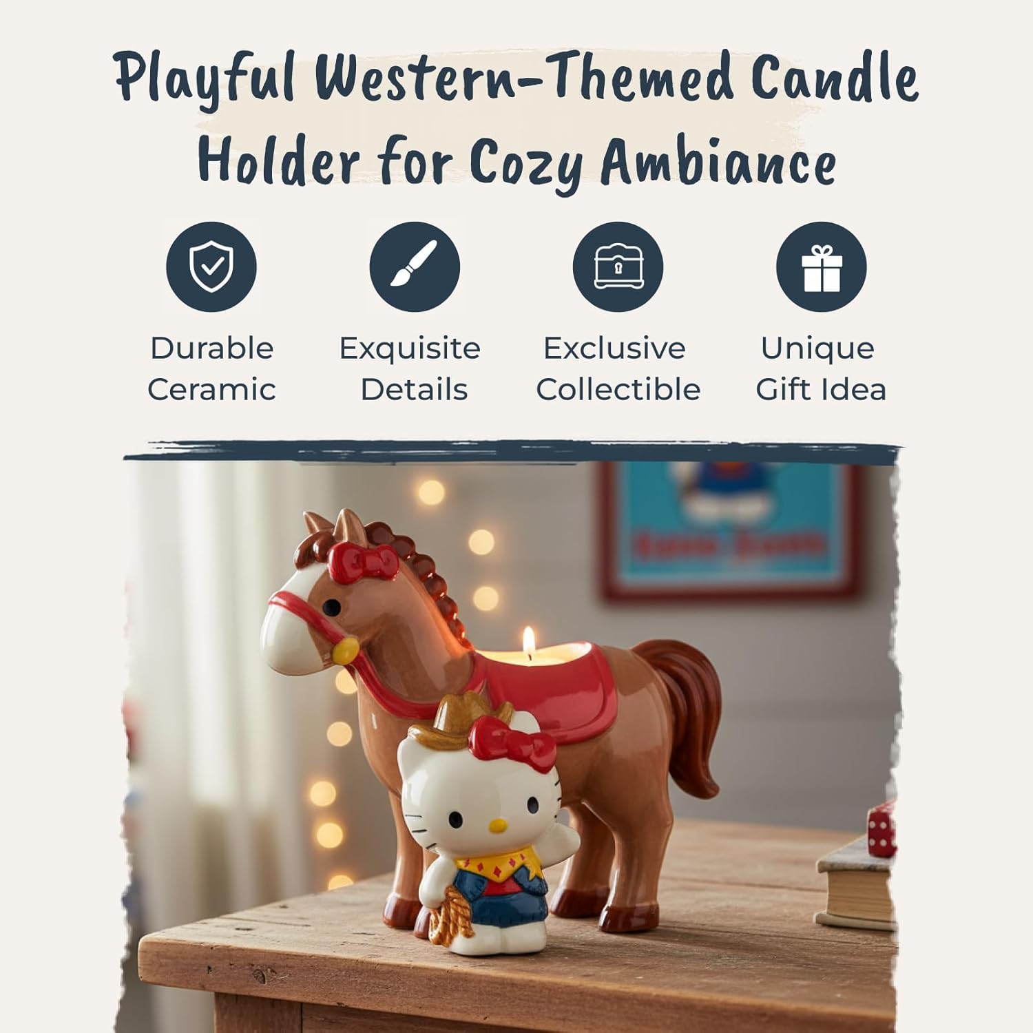 Blue Sky Clayworks Hello Kitty Western Cowgirl and Horse Tea Light Candle Holder, Home & Office Accessories, Ceramic, 23462