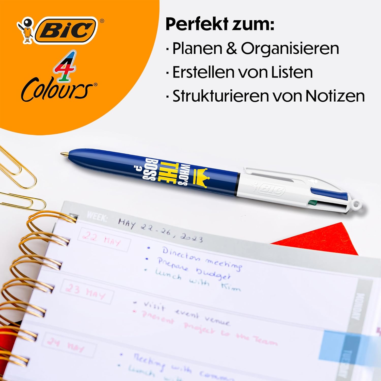 BIC 4 Colours Messages Ballpoint Pens Medium Point (1mm) - Who's The Boss Design, Box of 12