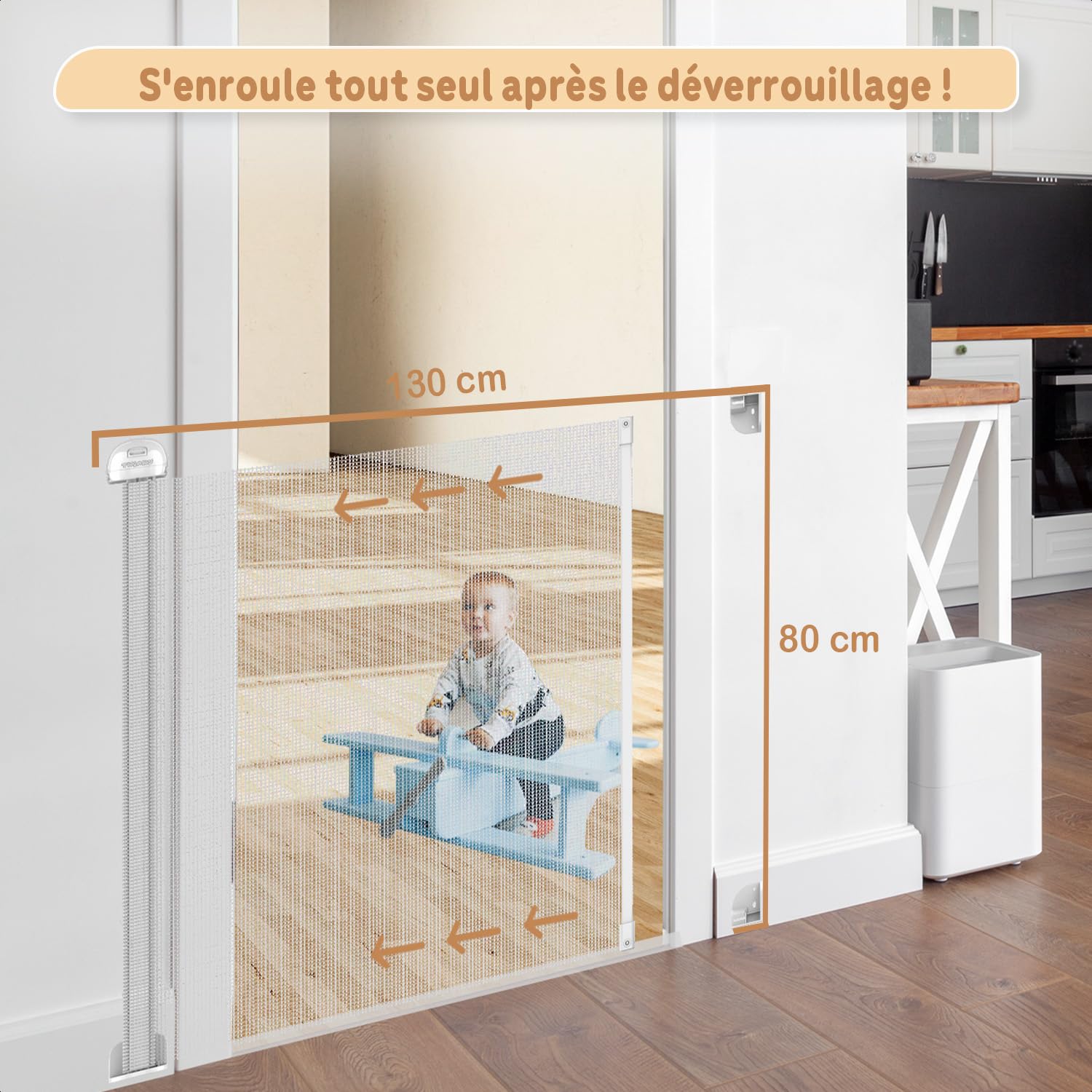 Twinky® Rollbares Treppenschutzgitter – 80x130 CM Long Rollbares Türschutzgitter – Strapazierfähiges Sicherheitsgitter für Baby und Haustier – Kindergitter Für Baby (White, 80x130 cm)