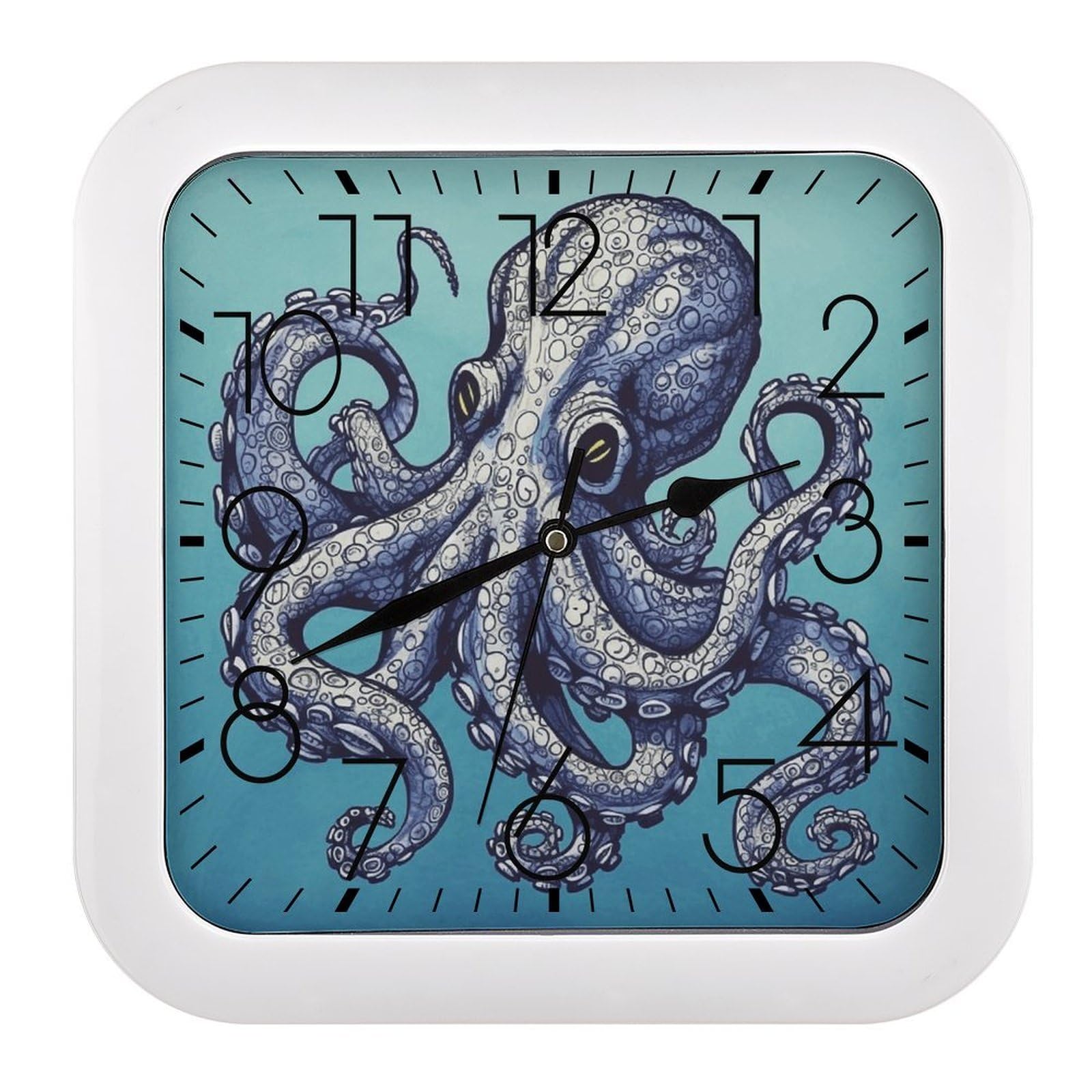 LZQPOEAS Octopus Design Square Wall Clock, 10.2 Inch Battery Operated Silent Non-Ticking Wall Clock, Square Analog Decorative Clock for Home Wall Art, Living Room, Bedroom, and Office
