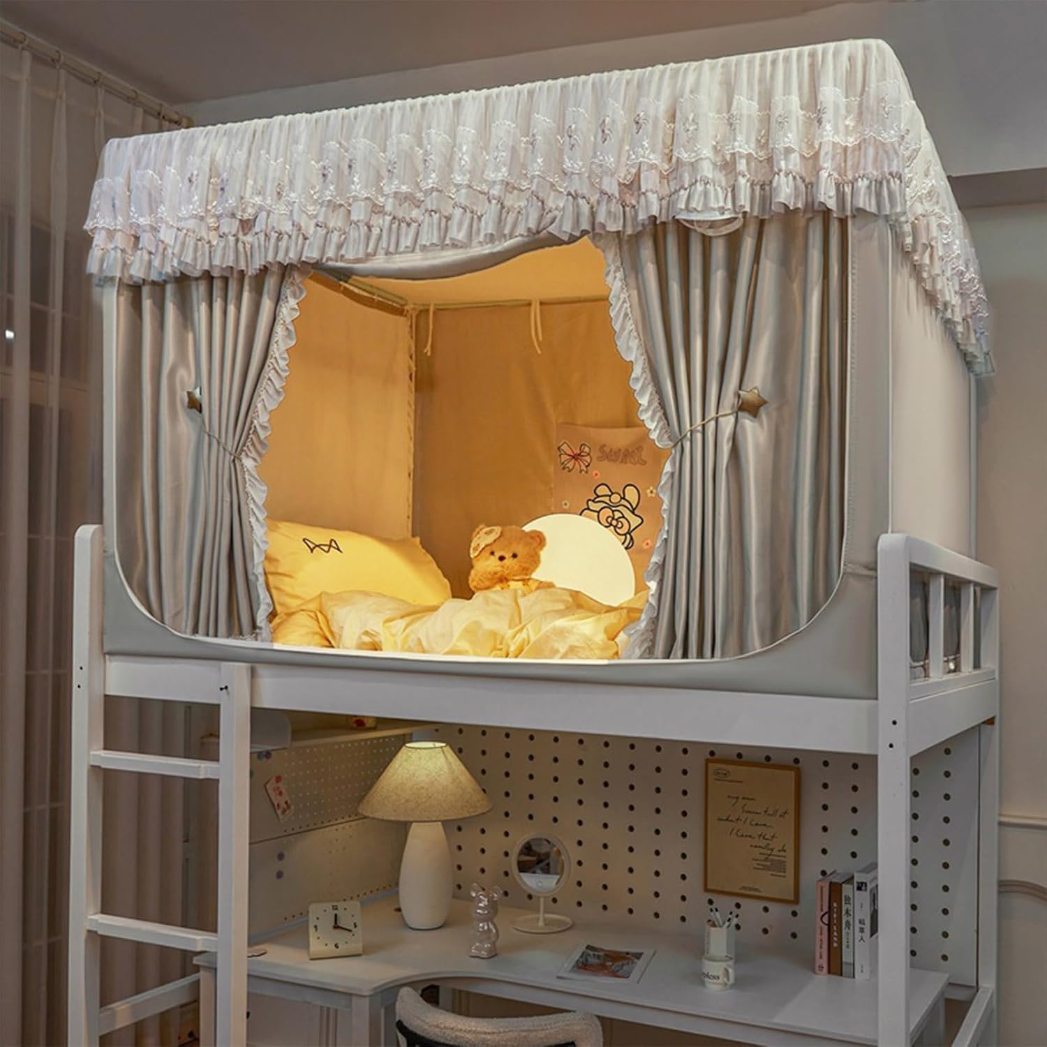 二段ベッドテント 上段ツインサイズ用 プリンセススタイル レース ドリームテント 通気性 睡眠プライバシー ベッドスプレッド 遮光カ プリンセス  レース 二段ベッド キャノピー テント ツイントップ 二段用 遮光カーテン、収納バッグ付き、大学寮やジュニアロフトベッド ...