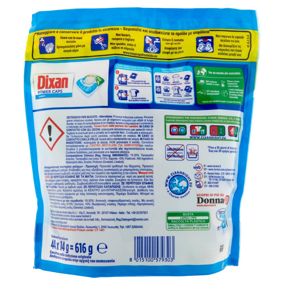 Dixan Power Caps Classico, Detersivo Lavatrice in Capsule, Confezione da 5 x 44 lavaggi