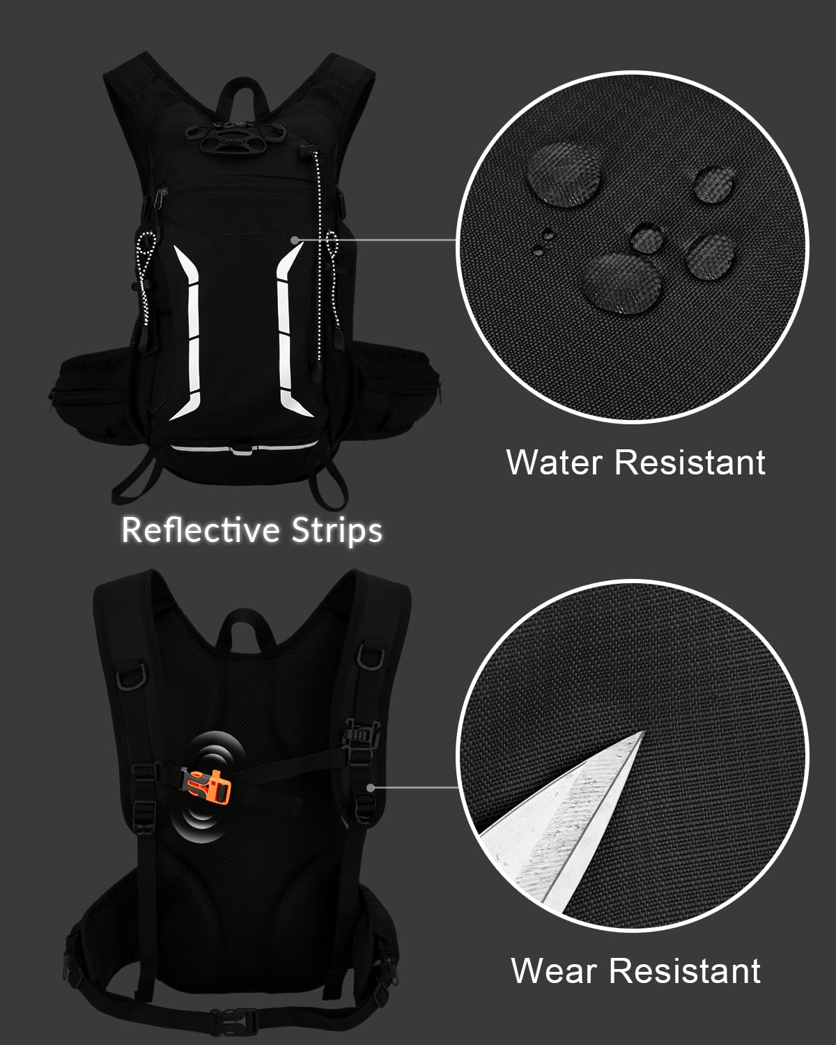 Piccolo zaino da ciclismo per idratazione con sacca d'acqua da 2 litri, zaino da trekking impermeabile da 15 litri con fibbia per casco e cinghia toracica