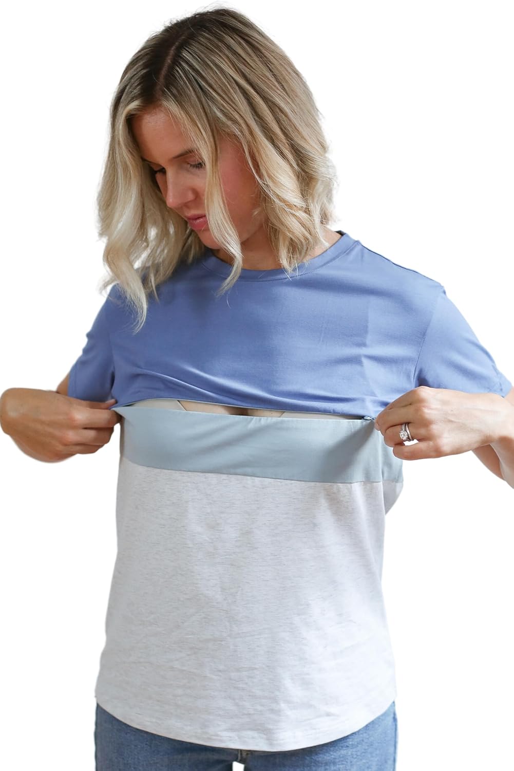 Movemama Nursing T-Shirt with Invisible Zipper, Soft and Comfortable Colorblock Breastfeeding Top