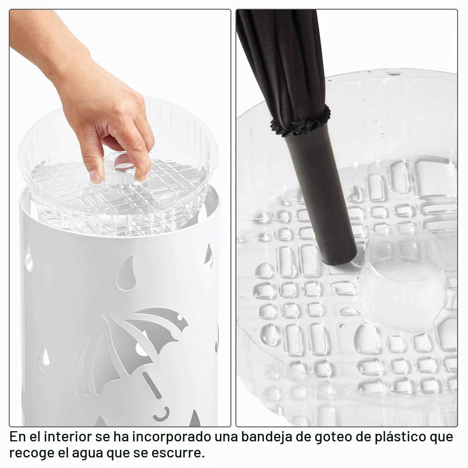 WOLTU Paragüero de Diseño Redondo Soporte Paraguas con Ganchos y Plato de Plastico, Bandeja Recogegotas 20x 49 cm Blanco SST01ws