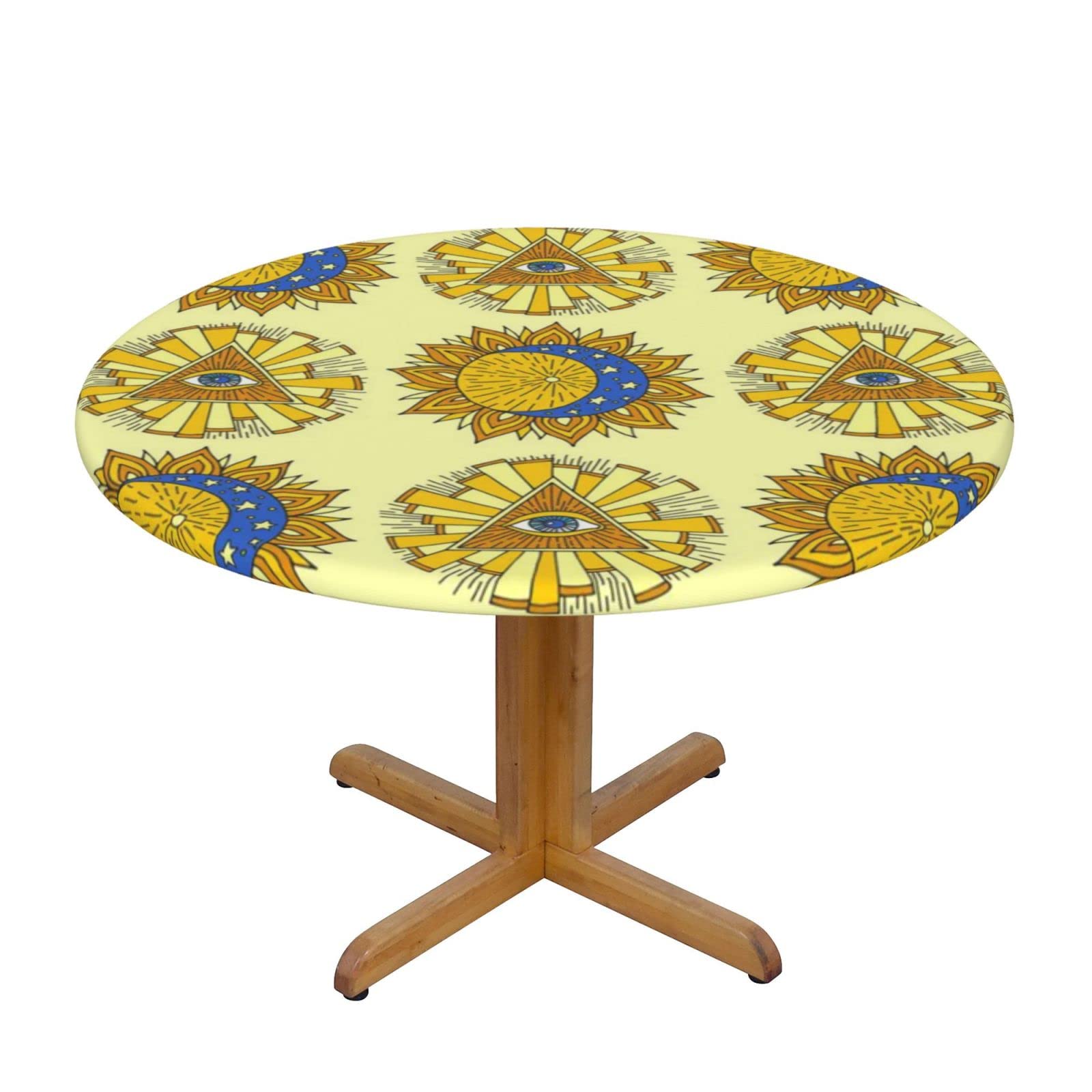 Lsjuee Round Fitted Tablecloth 45-50in Elastic Edged Table Cloth for Kitchen Dining Party Home Decor - Sun All Seeing Eye Occult Yellow