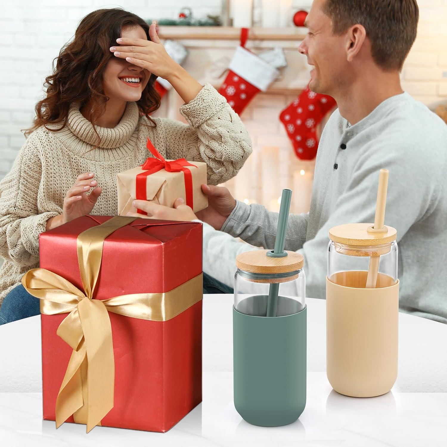 20 OZ Glass Cups with Bamboo Lids and Straws - Beer Can Drinking Glasses with Silicone Protective Sleeve Set, Iced Coffee Glasses, Cute Tumbler Cup for Water, Tea, Gift - Cambridge Blue, Amber - Image 5